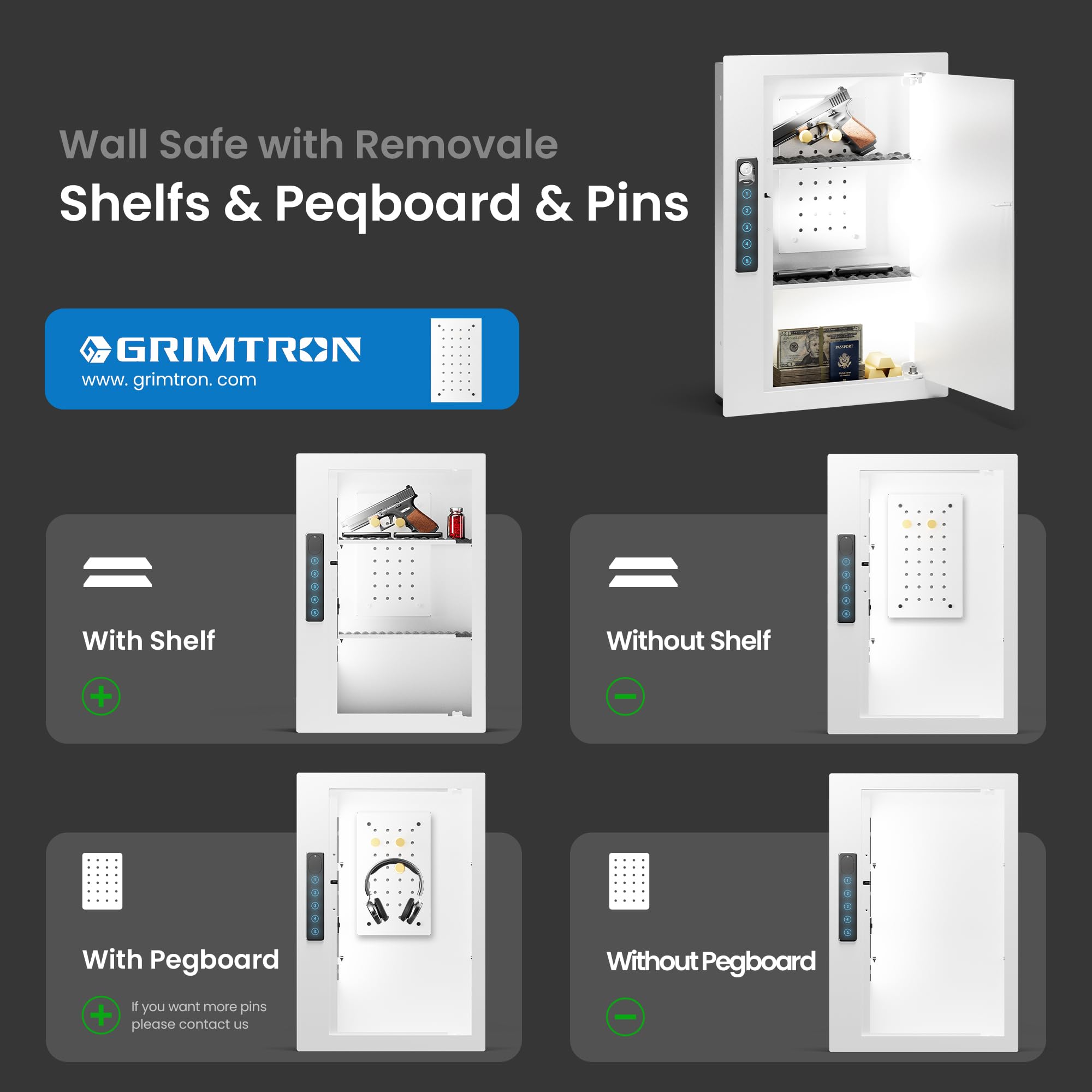 Quick Access Wall Gun Safe with Removable Pegboard & Shelves - Hidden White Wall Safe Between 16