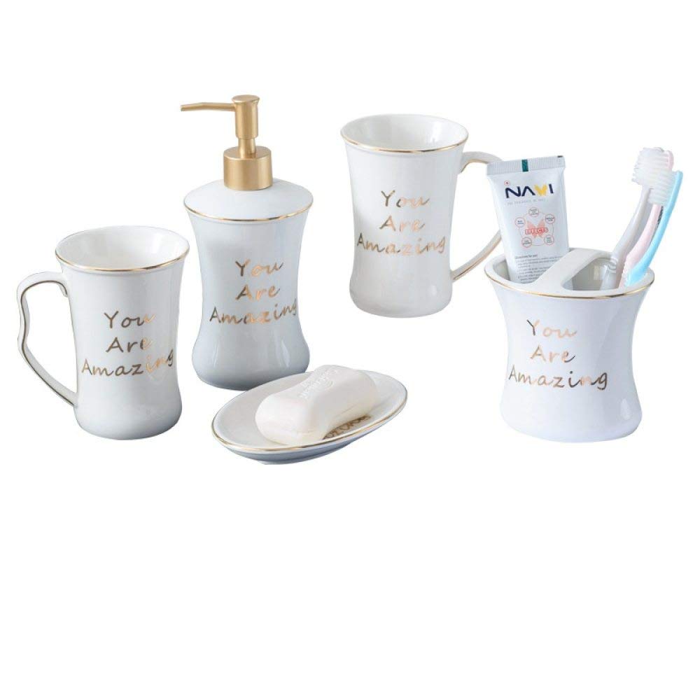 Vintage Ceramic Bathroom Accessories Set - 5 Piece White & Gold Soap Dispenser, Toothbrush Holder, Soap Dish & 2 Cups for Home, Hotel & Vanity Decor | Elegant Bathroom Organization & Stylish Decor Solution