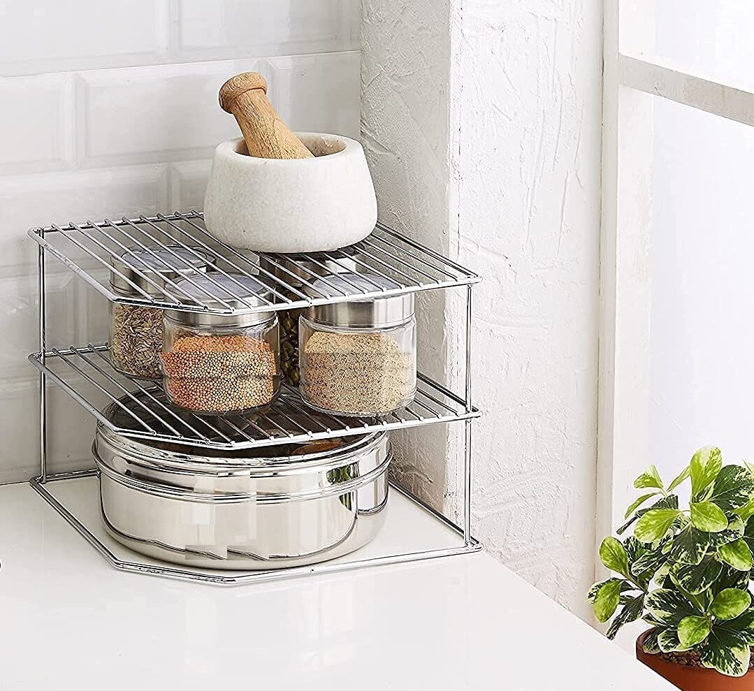 Stainless Steel 3-Tier Corner Kitchen Organizer - Dish Rack, Storage Shelf & Utensil Holder for Pots, Pans & Cookware | Space-Saving Cabinet Organizer for Small Kitchens & Apartments | Perfect for Countertop, Pantry & Cupboard Organization