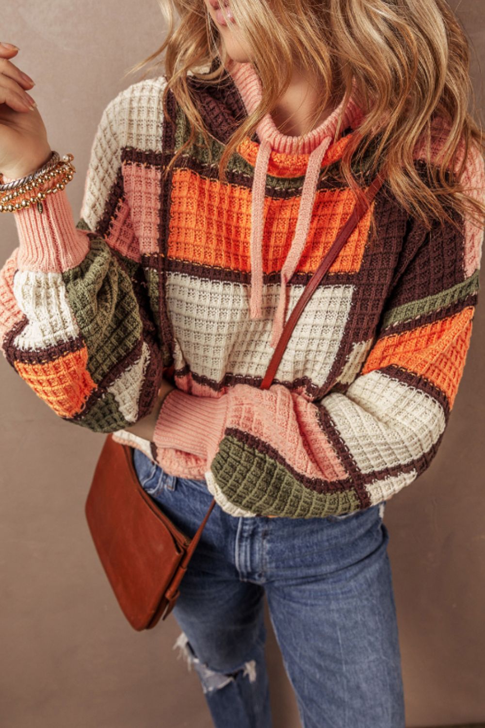 Stylish Drawstring Color Block Mock Neck Sweater for Women | Trendy Pullover with Adjustable Neckline | Perfect for Casual Outings, Office Wear & Fall Layering