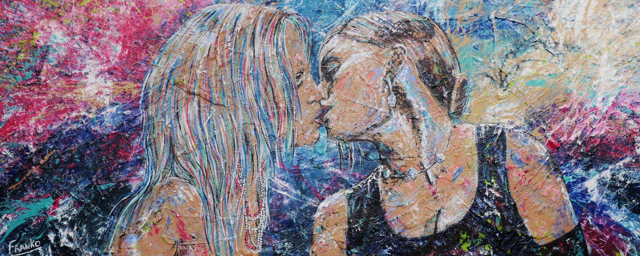 Abstract Realism Britney Spears and Madonna Kiss Painting - Pop Art Wall Decor for Music Fans, Living Room & Bedroom Aesthetic