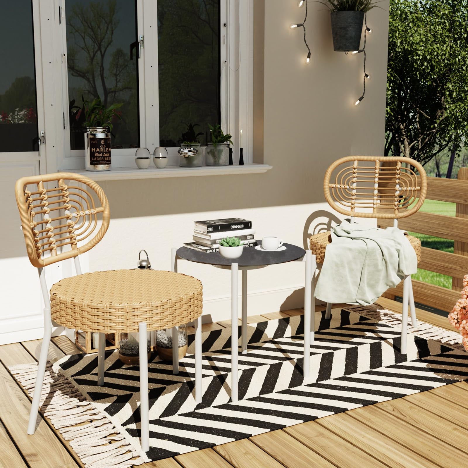 GARVEE 3-Piece Patio Bistro Set - Outdoor Wicker Chairs with Glass Table - Rattan Furniture for Patio, Deck, Backyard, Garden - White & Brown - Perfect for Small Spaces & Outdoor Dining