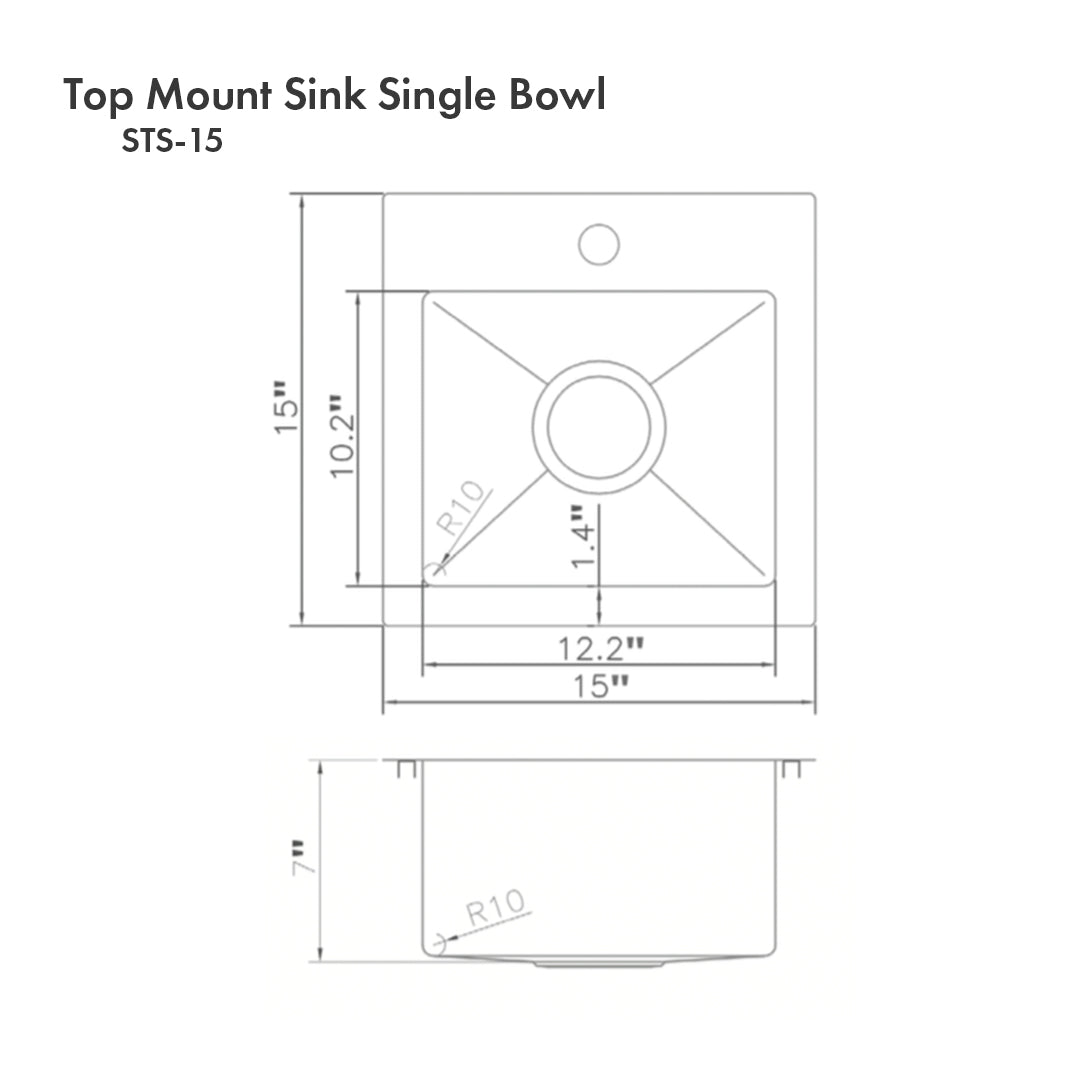 ZLINE Donner 15-inch Topmount Single Bowl Stainless Steel Kitchen Sink (STS 15) - Bar & Prep Sink for Modern Homes, Restaurants & Commercial Use