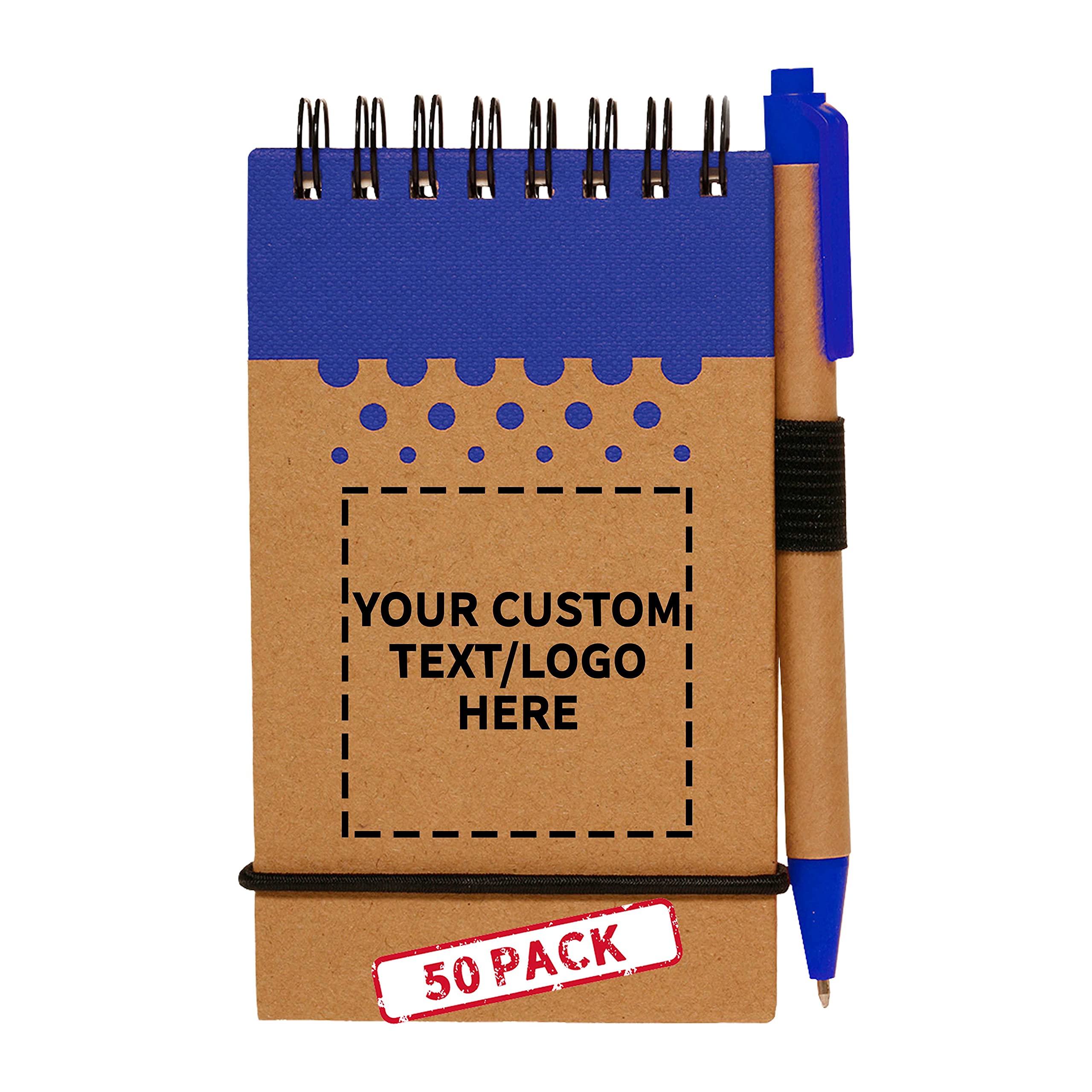 50-Pack Recyclable Spiral Small Notebooks - Customizable Text & Logo - 60 Lined Pages - Blue - Perfect for Office, School & Gifts