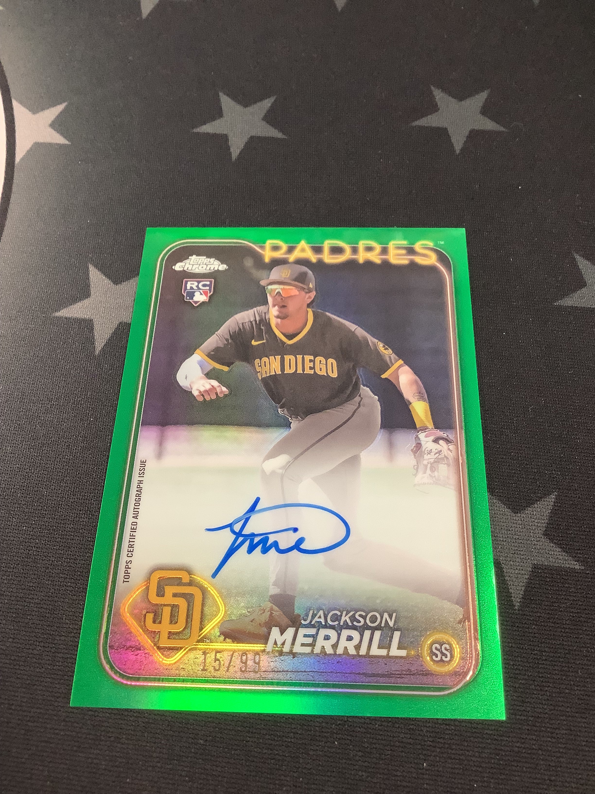 2024 Topps Chrome Baseball Jackson Merrill Rookie Autograph Green Refractor #/99 - MLB Collectible Card for Sports Memorabilia Fans & Trading Card Enthusiasts