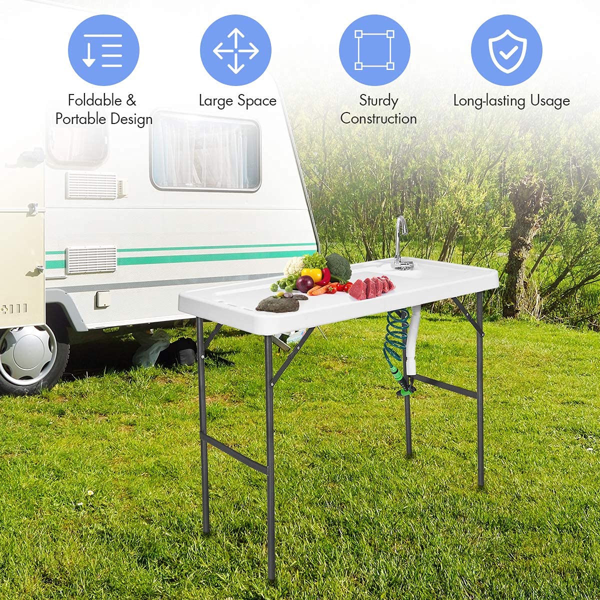 GYMAX Foldable Fish Cleaning Table with Sink & Adjustable Sprayer - Portable Outdoor Fillet Station with Rotatable Faucet for Fishing, Camping, Picnic, Backyard & Beach Use