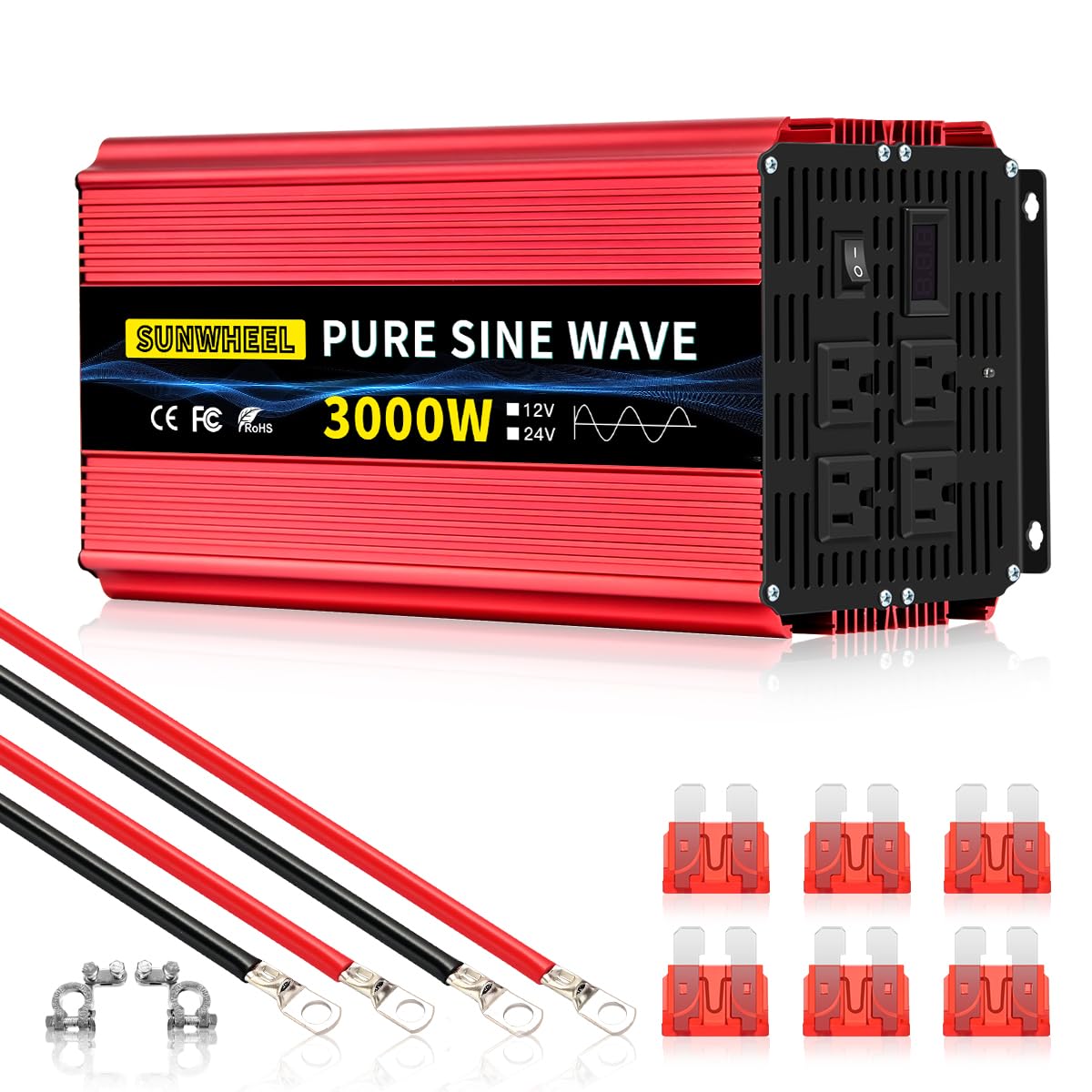 SUNWHEEL 3000W Pure Sine Wave Power Inverter - 24V DC to 110V/120V AC Solar Converter with LCD Display & 4 Outlets for RV, Truck, Home, Camping (Powering Microwave, Refrigerator, AC, TV & More)