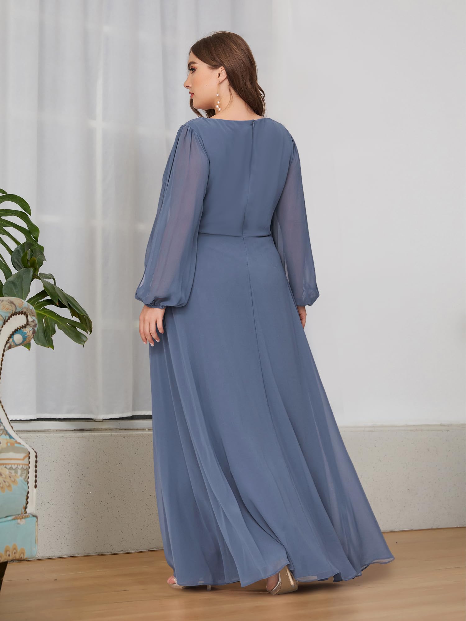 Ever-Pretty Plus Size Women's Formal Dress - Floor Length V-Neck Floral Applique Lantern Sleeves Evening Gown for Curvy Women | Wedding Guest, Prom, Cocktail Party, Special Occasion