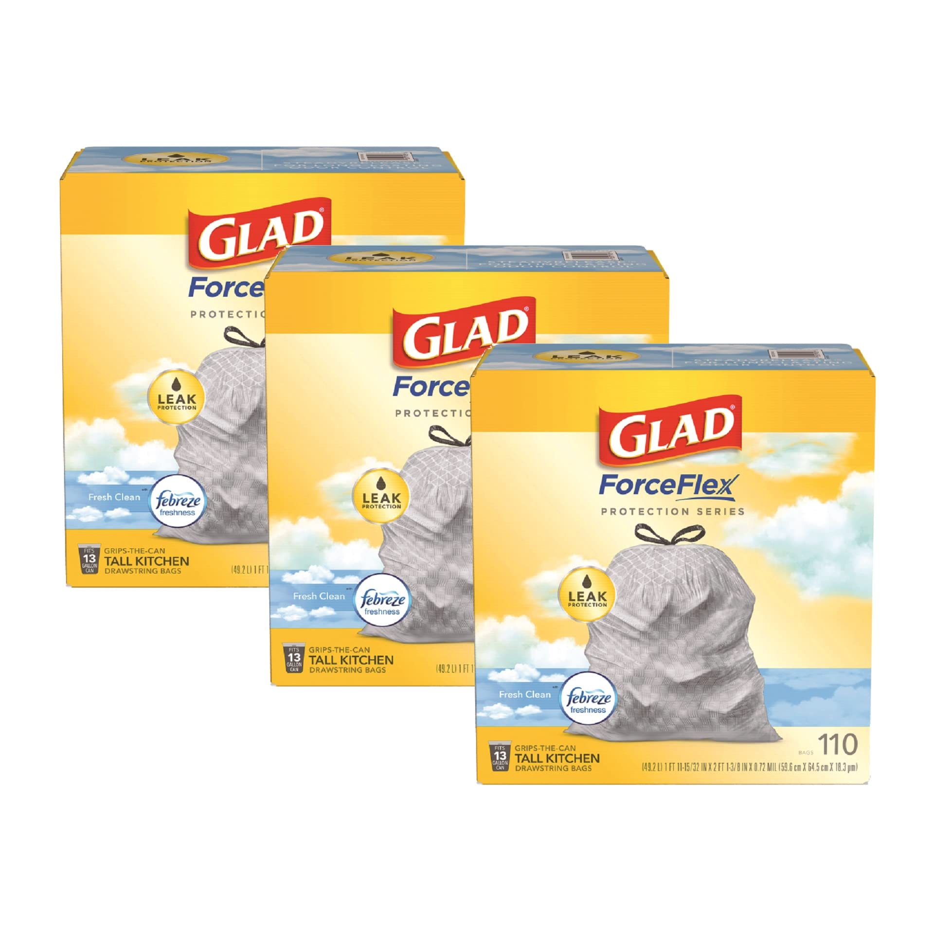 MicroMall 13 Gallon Drawstring Trash Bags - Compatible with Glad ForceFlex, Fresh Clean Scent, 110 Count (3 Pack, Gray) - 330 Total Bags, 4.52 lbs - Perfect for Kitchen, Office, and Bathroom Waste Disposal