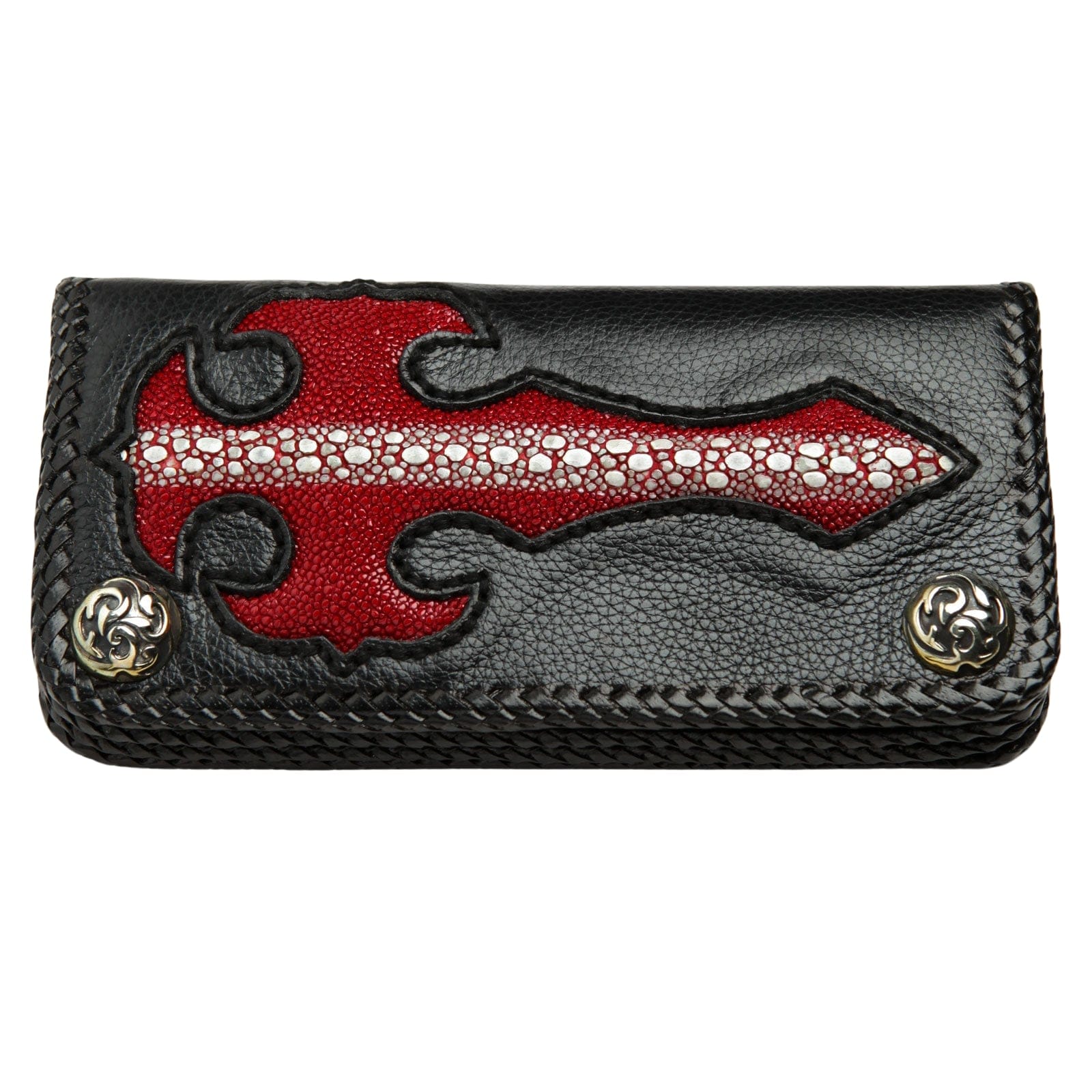 Genuine Stingray Leather Red Gothic Cross Biker Chain Wallet - Perfect for Motorcycle Riders, Gothic Fashion & Punk Style Accessories