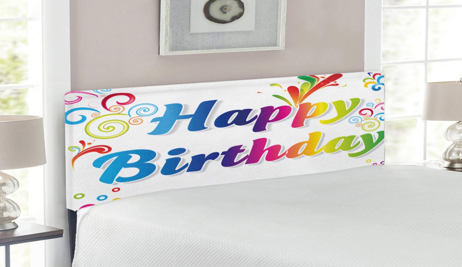 Ambesonne Queen Size Upholstered Headboard - Vibrant Abstract Floral Birthday Design with Memory Foam Padding, Decorative Metal Bed Frame Headboard for Bedroom Decor | Perfect Gift for Birthdays, Housewarming & Home Makeover