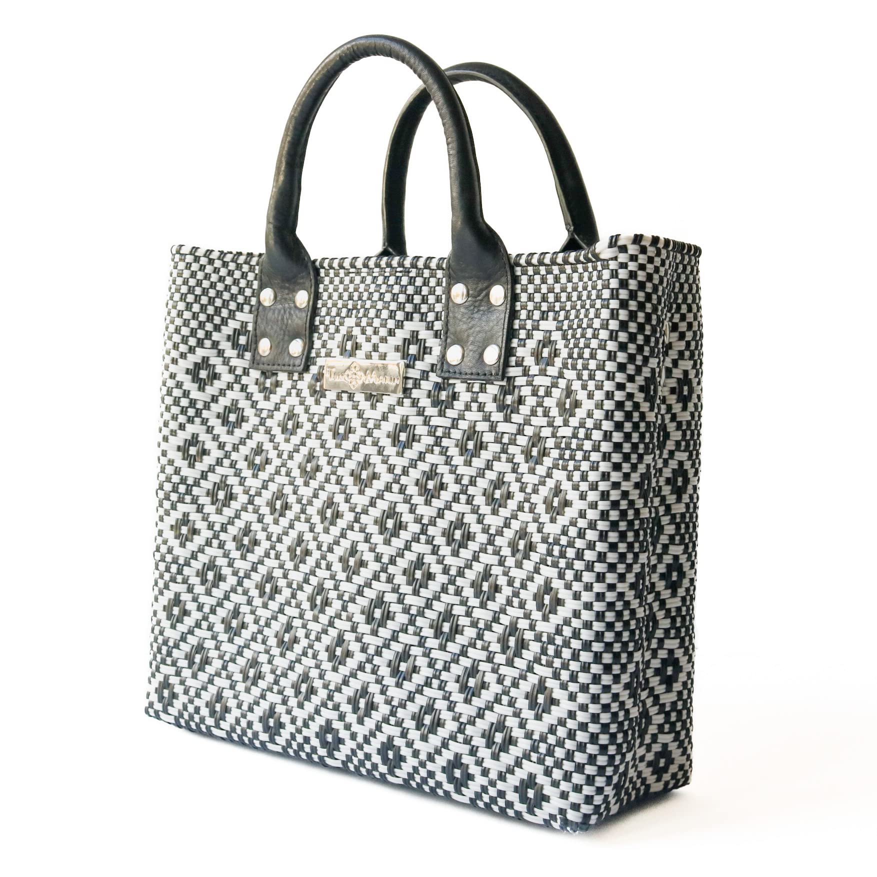 Eco-Friendly Panda Large Woven Crossbody Bag - Black Leather Handles & Adjustable Strap, Handmade Recycled Plastic Purse | Mexican Oaxaca Style Tote for Women | Perfect for Summer, Work & Everyday Use | Casual Outings, Beach Trips & Office Commute