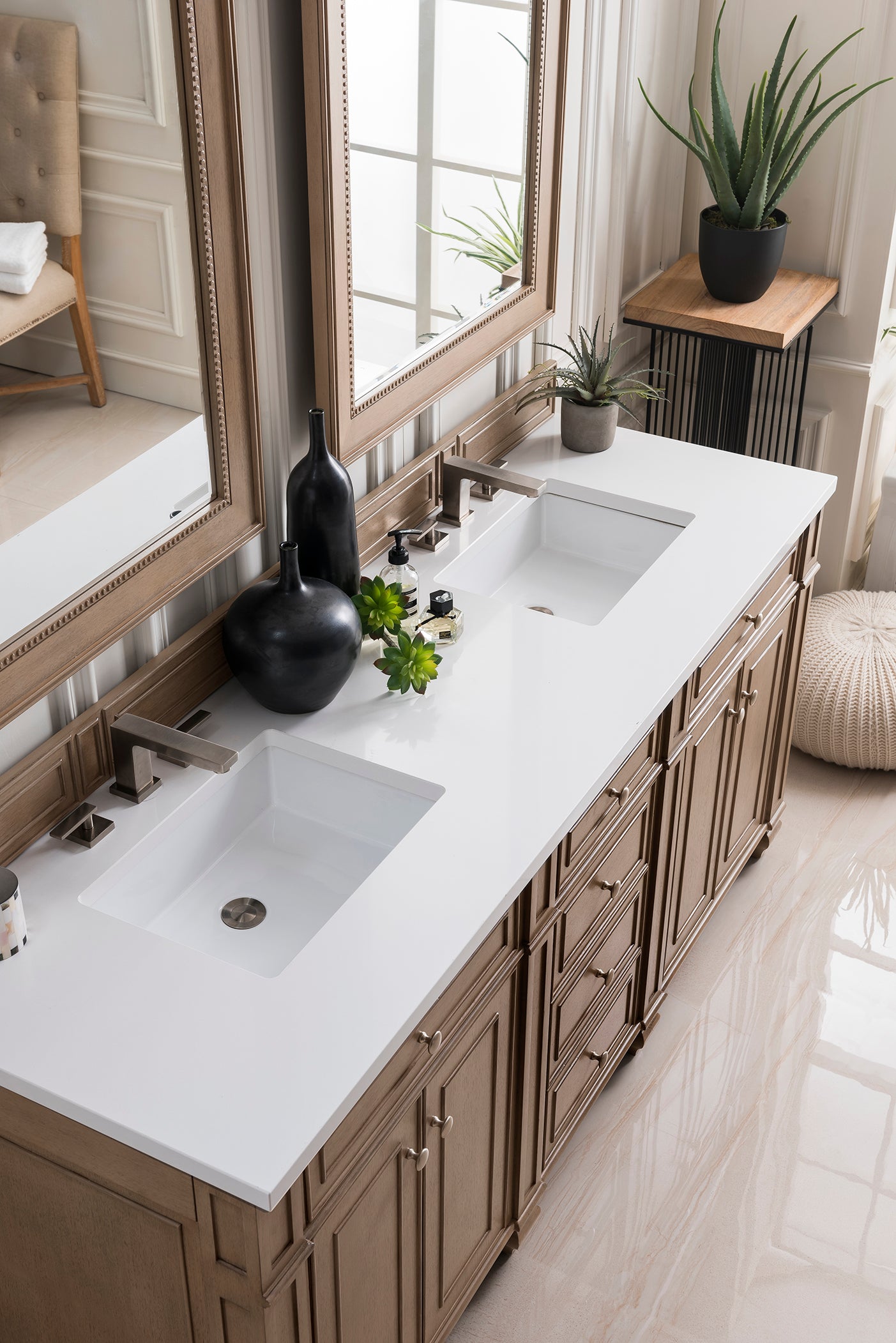 Bristol 72 Inch Double Bathroom Vanity with Whitewashed Walnut Finish & 3CM Classic White Quartz Countertop - Perfect for Master Bathroom, Guest Bath or Modern Home Renovation
