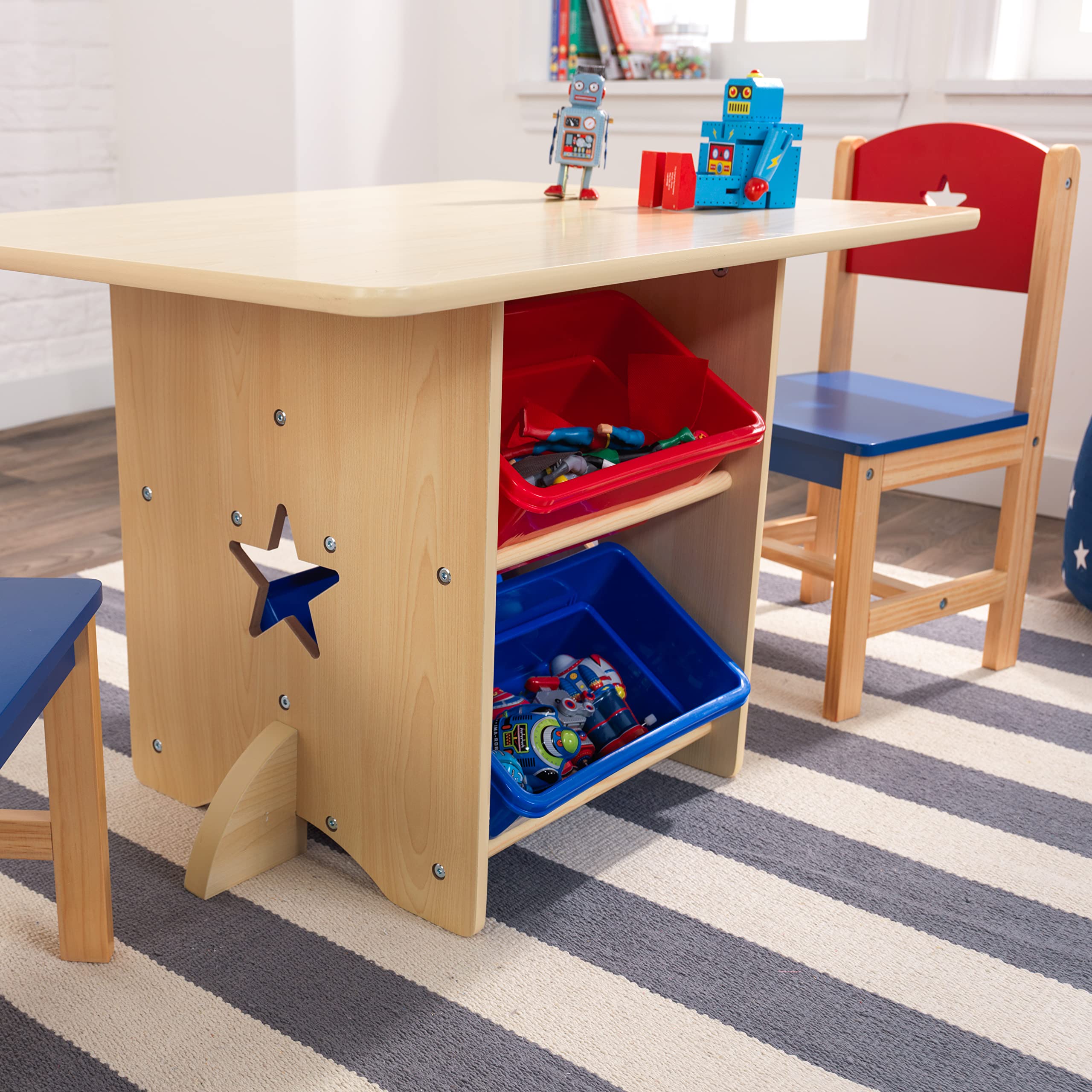 KidKraft Wooden Star Table & Chair Set with 4 Storage Bins - Kids Study Desk & Play Table for Toddlers, Red, Blue & Natural - Perfect for Preschool Learning, Arts & Crafts, and Playroom Activities