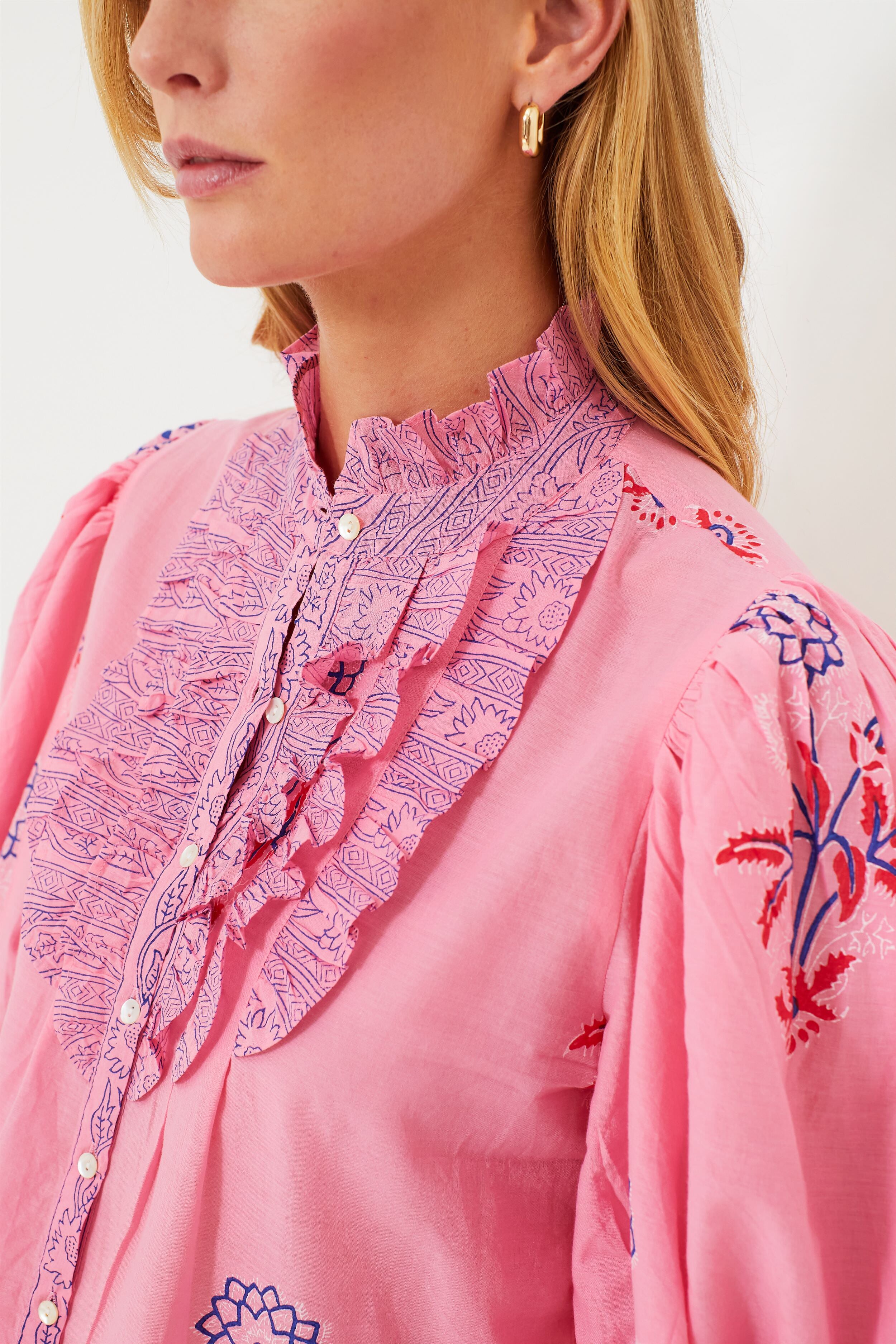 Boca Women's Pink Ruffle Front Button Down Blouse - Elegant Floral Print Casual Shirt for Office, Date Night & Spring Outfits