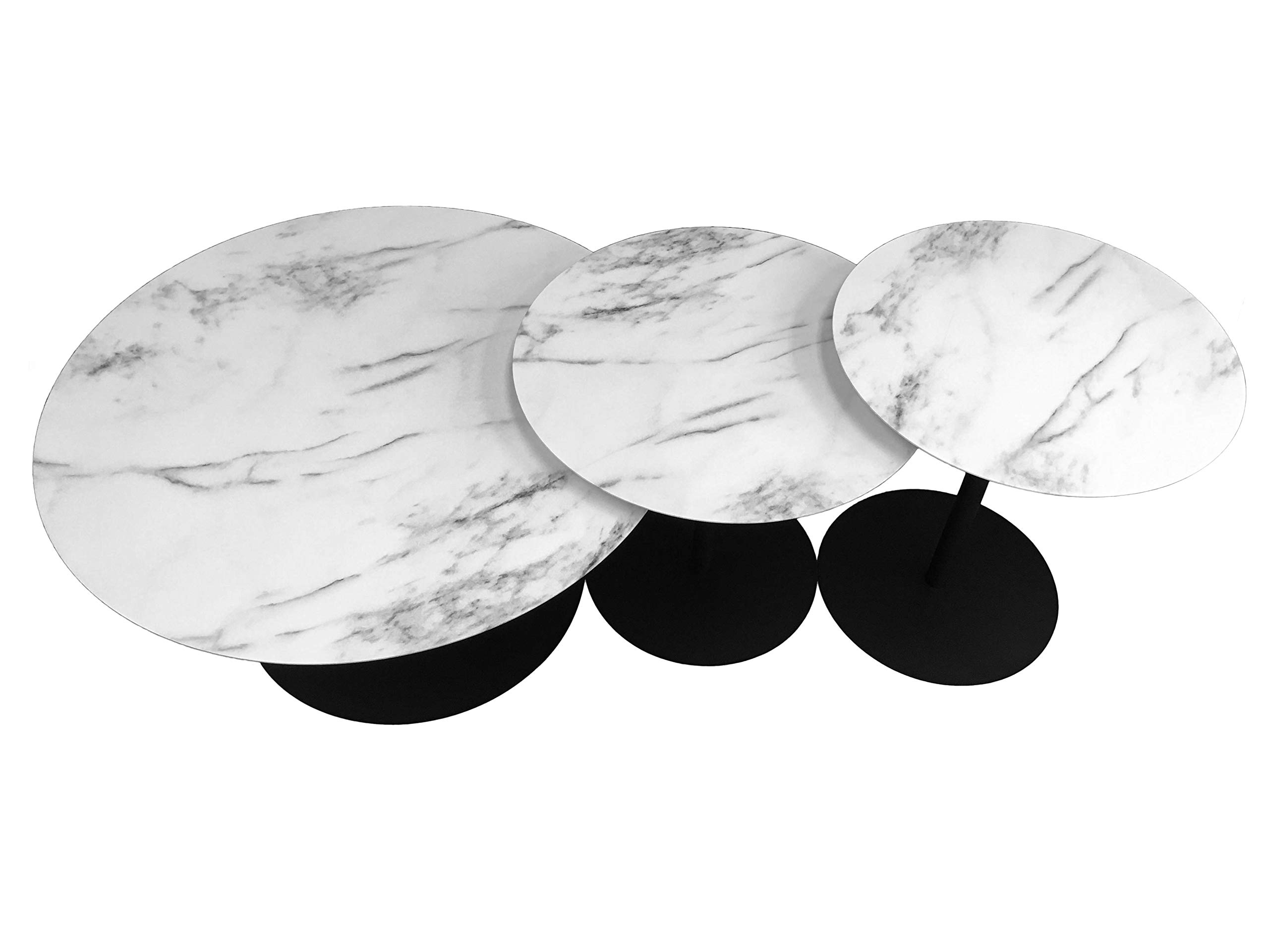 3-Piece Round Metal Coffee Table Set with Marble Finish Top & Black Powder Coated Frame (18