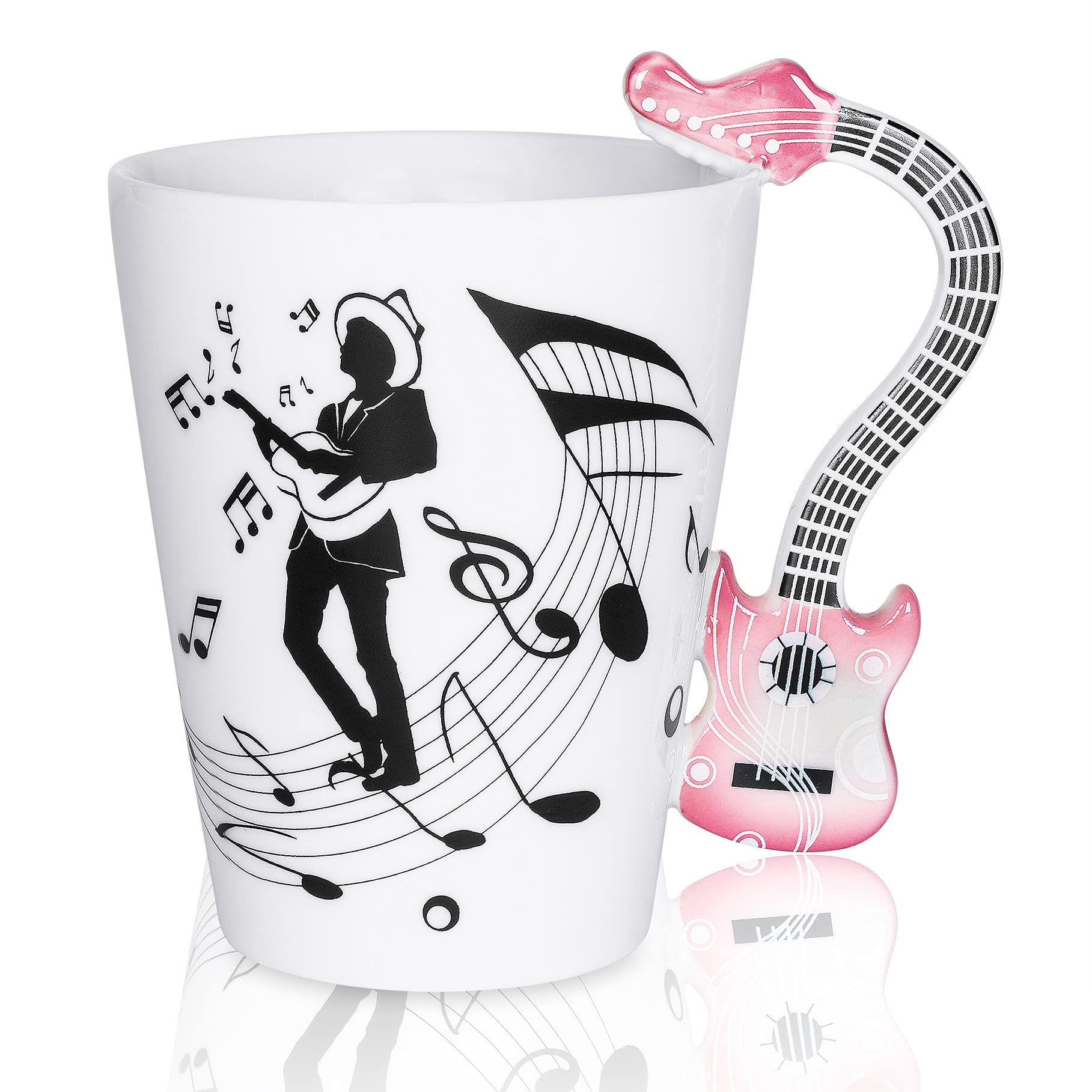 13.5 oz Guitar Shaped Coffee Mug - Perfect Music Gift for Guitar Players & Musicians - Unique Birthday & Christmas Present for Men & Women - Ideal for Coffee, Tea or Office Desk Decor (New Pink)