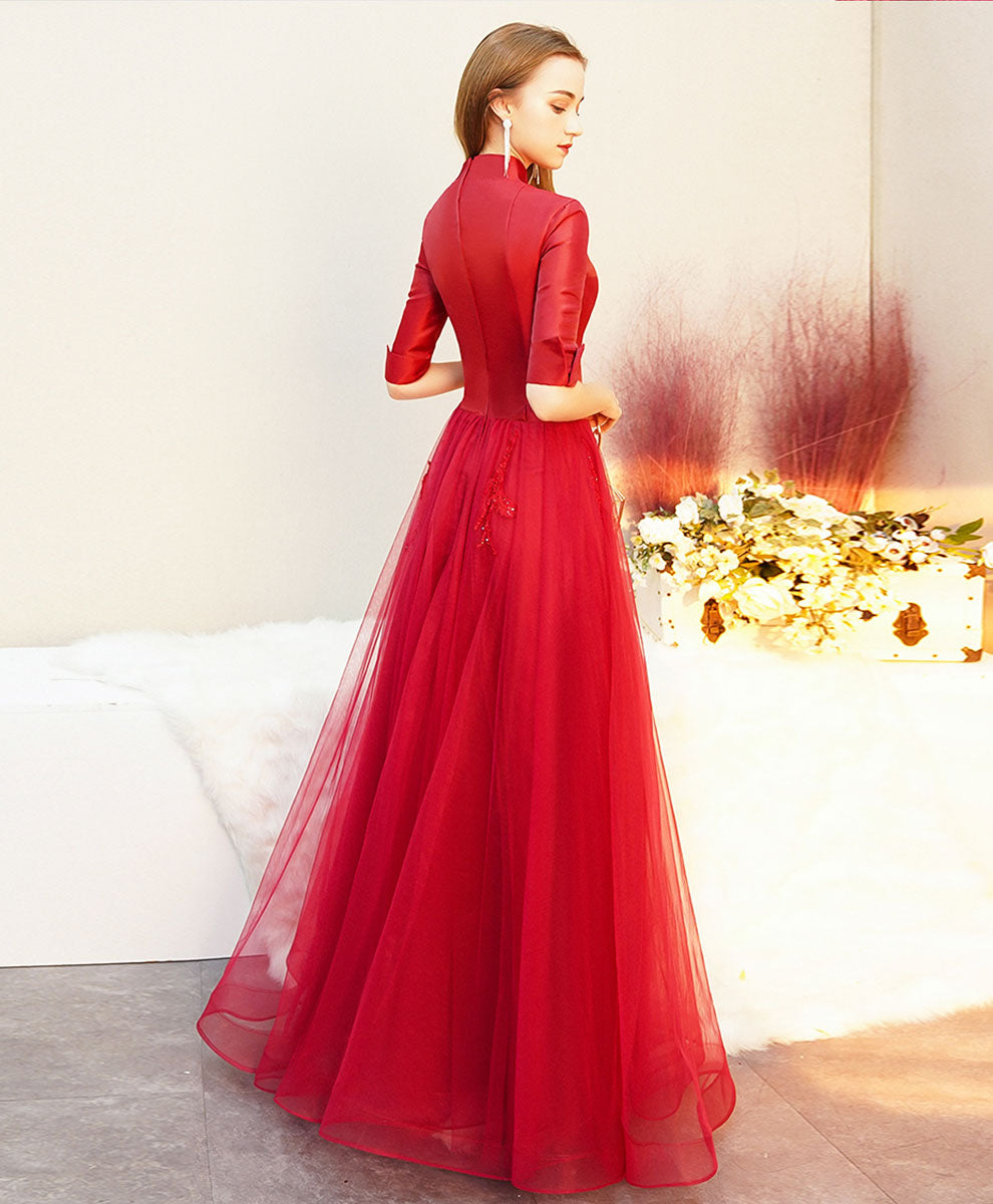 Elegant Red V-Neck Satin Long Prom Dress with Tulle Skirt - Formal Evening Gown for Homecoming, Wedding Guest & Special Occasions