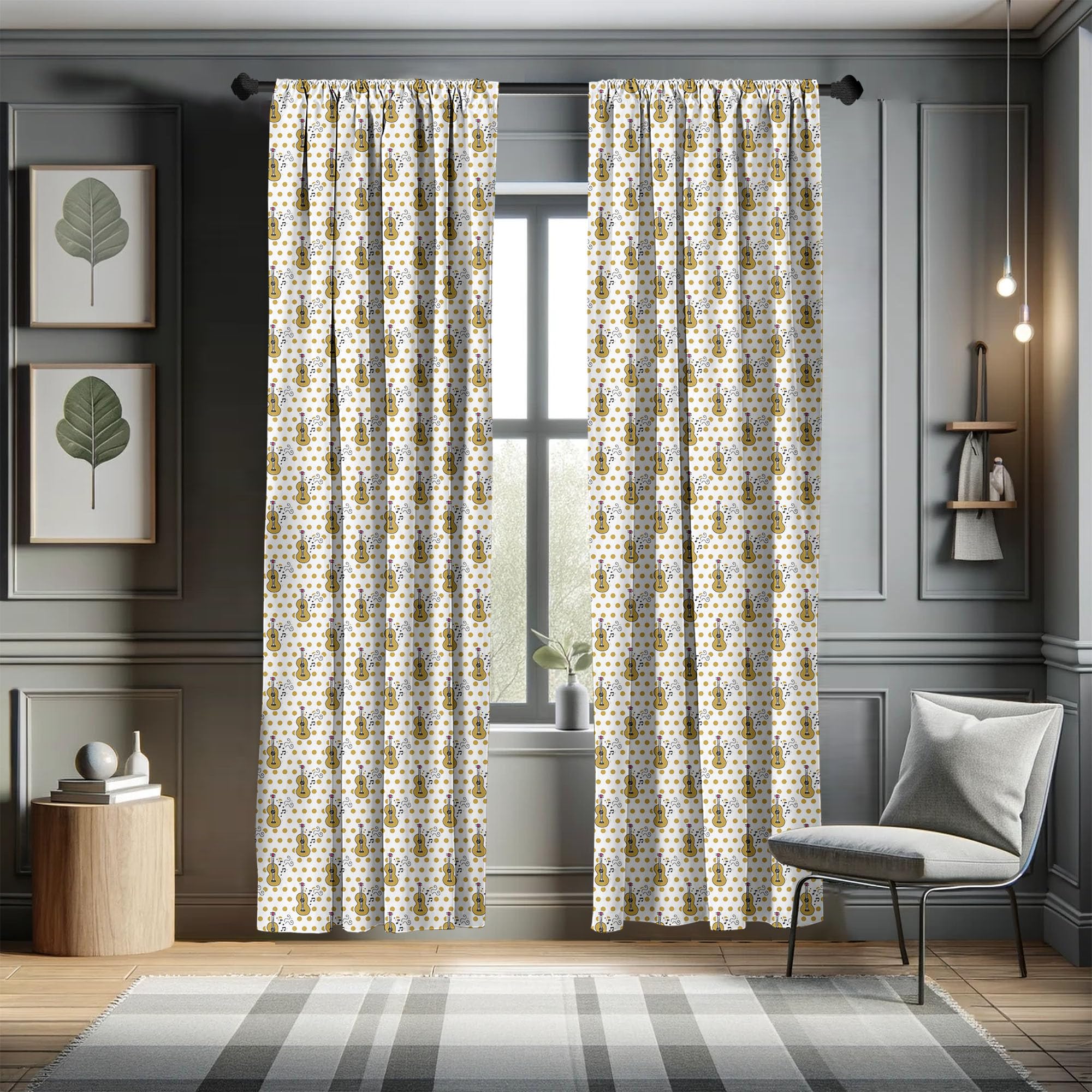 Ambesonne Guitar Themed Curtains - Hand Drawn Musical Instrument & Note Pattern with Retro Polka Dots | 2 Panel Window Treatments Set (28x84 inches) in Pale Coffee, Black & Pink | Perfect for Living Room, Bedroom & Music Studio Decor