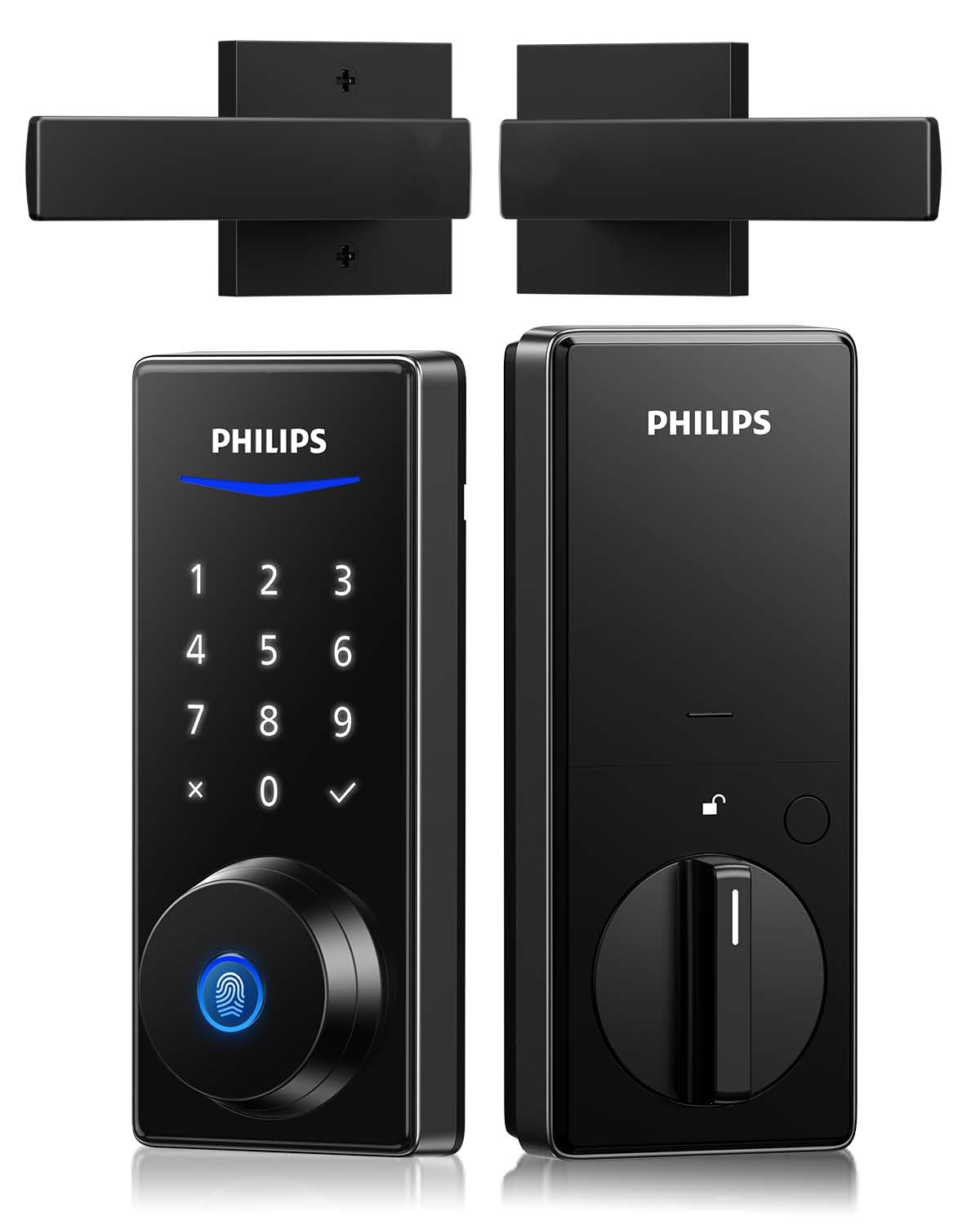 Philips Smart Fingerprint Door Lock Set - Keyless Entry with 2 Lever Handles, Auto Locking, Touchscreen Keypad & Backup Key - Secure Electronic Front Door Lock for Homes & Apartments - Perfect for Modern Smart Home Security & Convenient Keyless Access