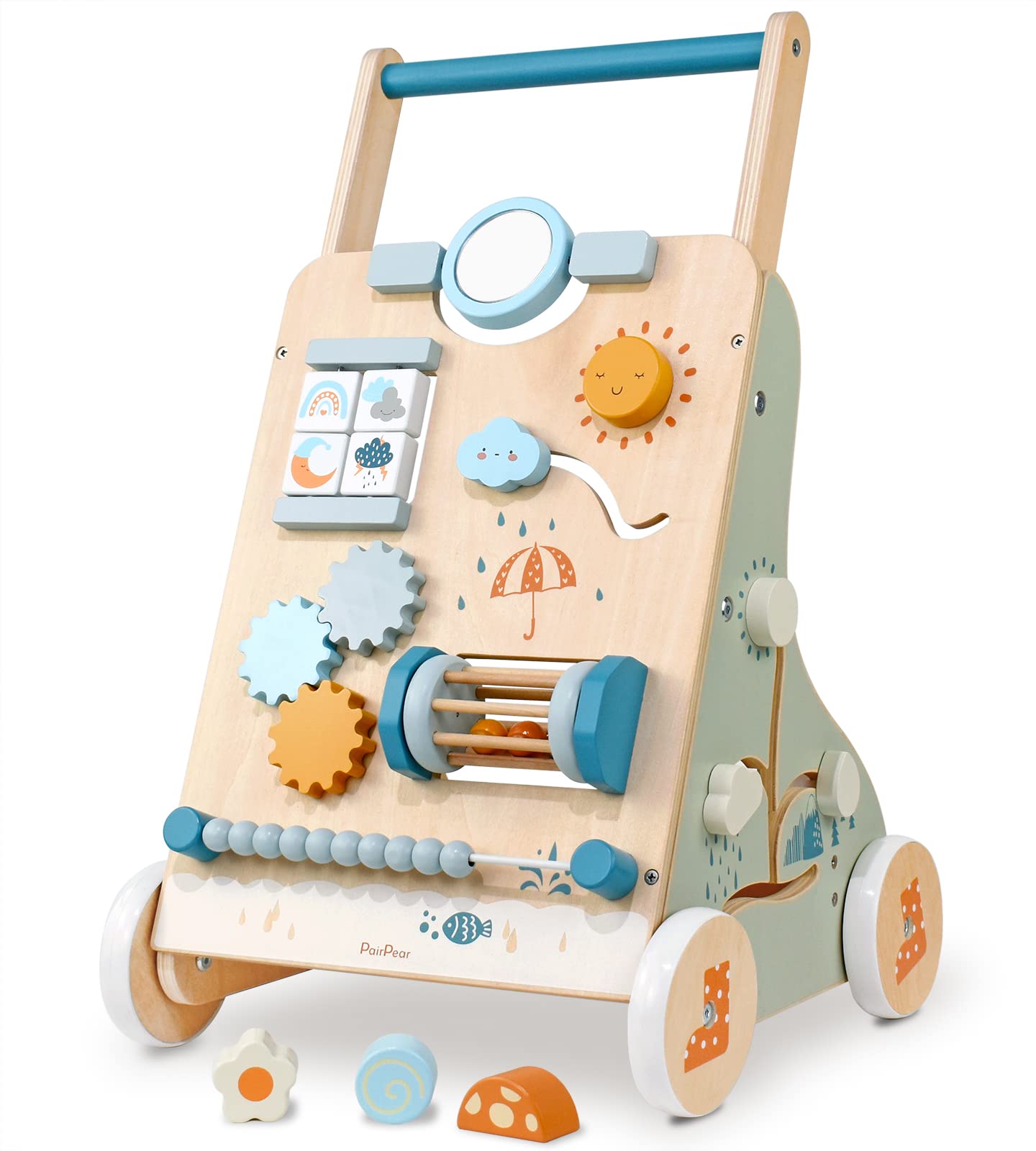 PairPear Wooden Baby Walker - Adjustable Speed Push Walker Toy with Montessori Activity Center for Toddlers | Early Learning & Walking Aid for Boys & Girls | Perfect for Home Play & Child Development