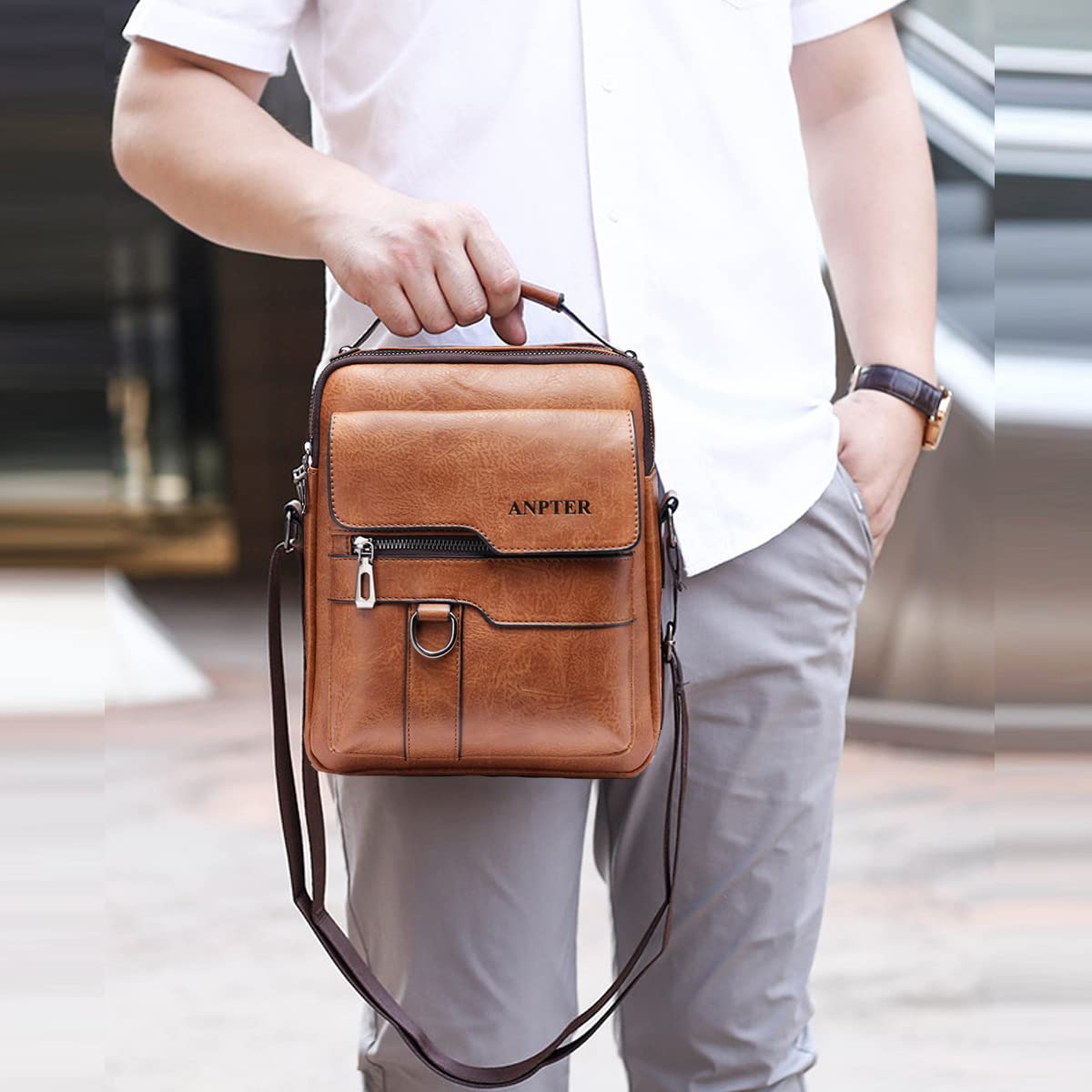 ANPTER Men's PU Leather Messenger Bag - Crossbody Shoulder Bag for School, Travel, Work & Hiking - Durable Sling Satchel for Daily Use (Brown) - Perfect for Commuting, Business Trips & Outdoor Adventures