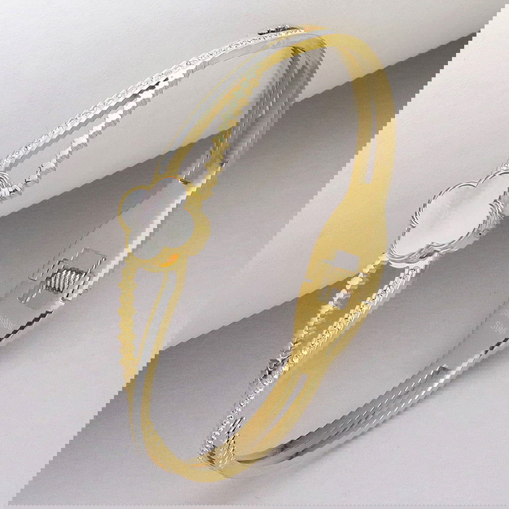 Elegant Mother of Pearl Quatrefoil Pointed Stone Paved Gold Stainless Steel Hinged Bangle Bracelet for Women - Perfect for Weddings, Parties & Special Occasions