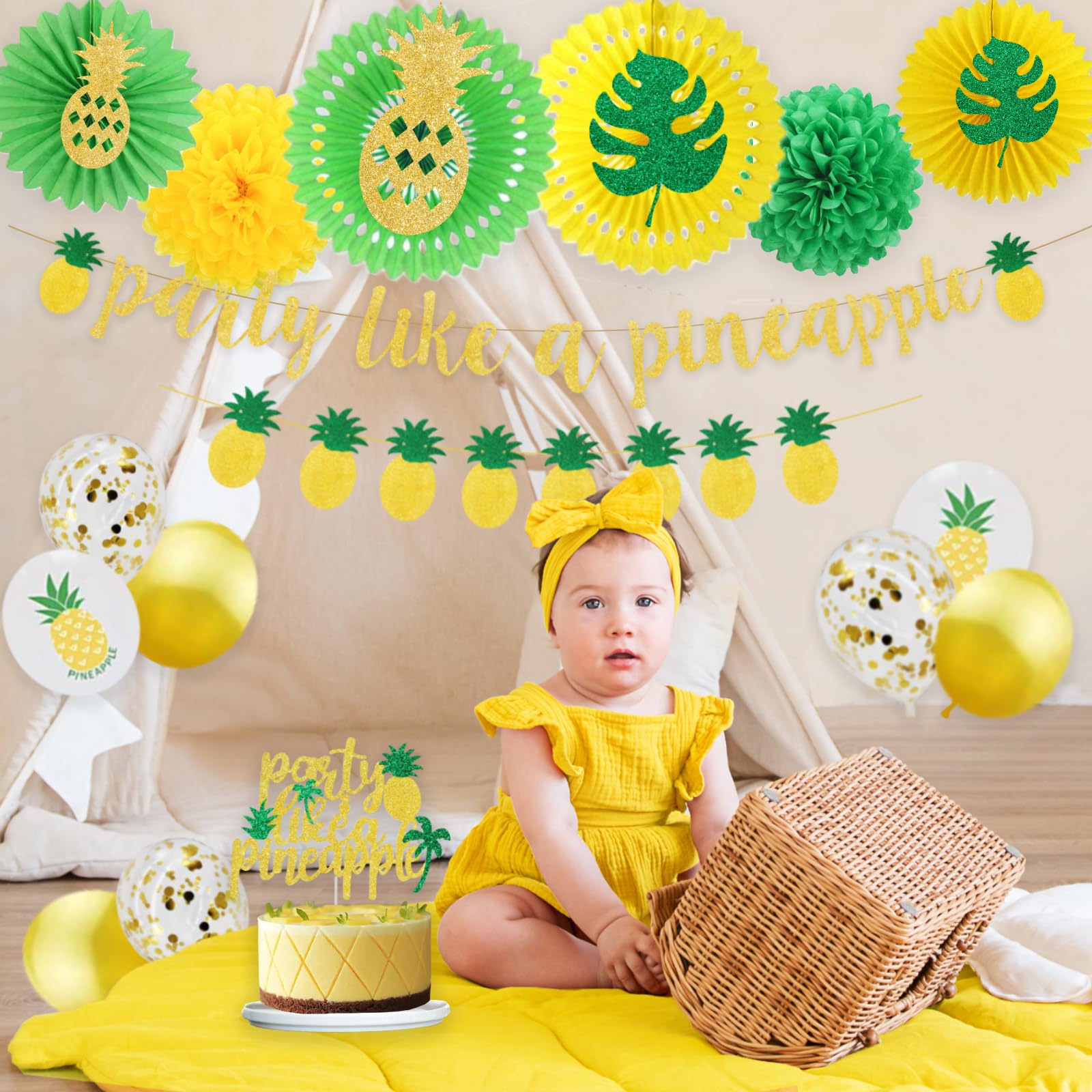 Pineapple Party Decorations & Supplies - Tropical Hawaiian Luau Summer Party Decor Set with Banner, Paper Fans, Leaves & Pineapple Cutouts in Green & Yellow | Perfect for Aloha Themed Parties, Birthday Celebrations & Summer Events