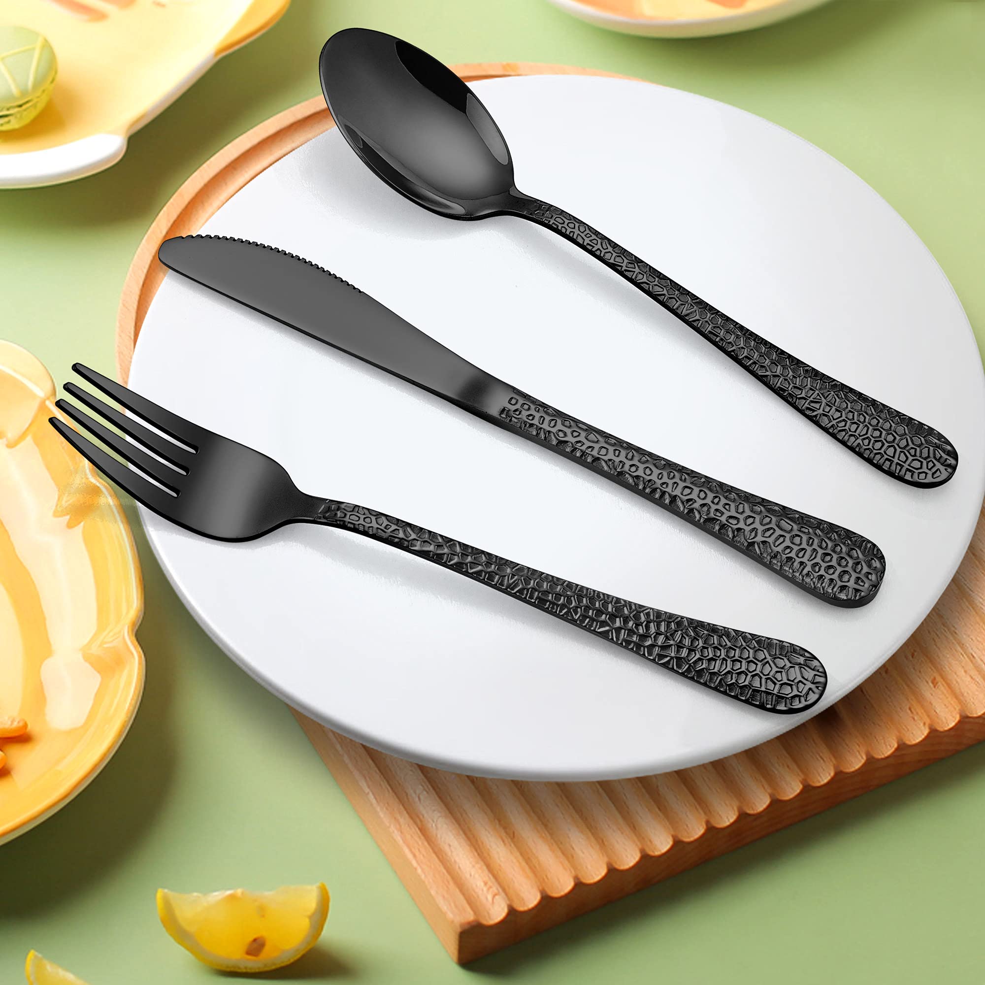 LIANYU 9-Piece Kids Stainless Steel Silverware Set - Black Hammered Metal Flatware for Toddlers & Preschoolers (Knives, Forks, Spoons) | Dishwasher Safe | Perfect for Home, School Lunch & Travel