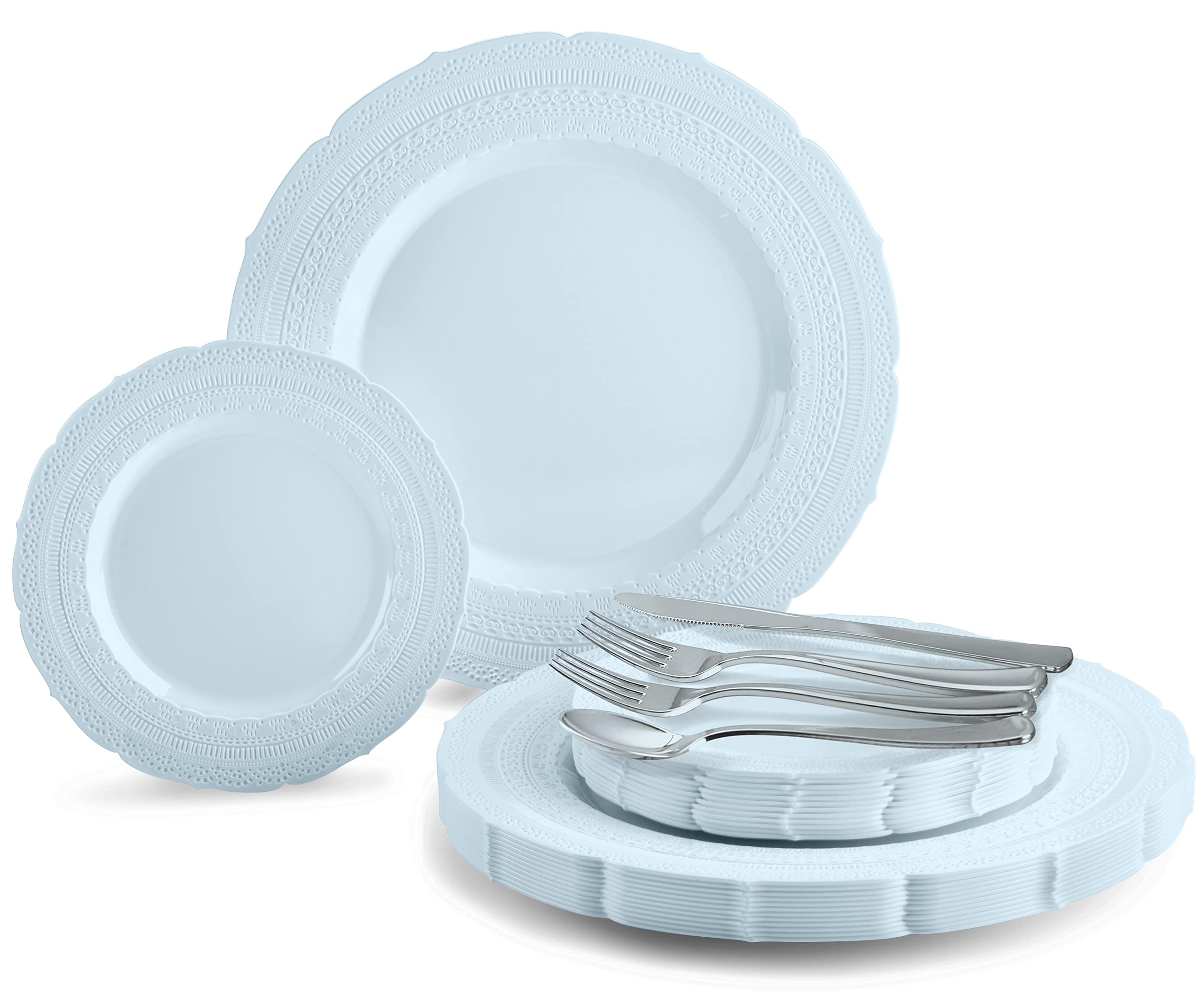 720-Piece Extra Heavyweight Vintage Wedding Party Disposable Plastic Plates Set (120 Guests) - Includes Double Forks in Chateau Blue & Silver Silverware - Perfect for Weddings, Bridal Showers & Formal Events