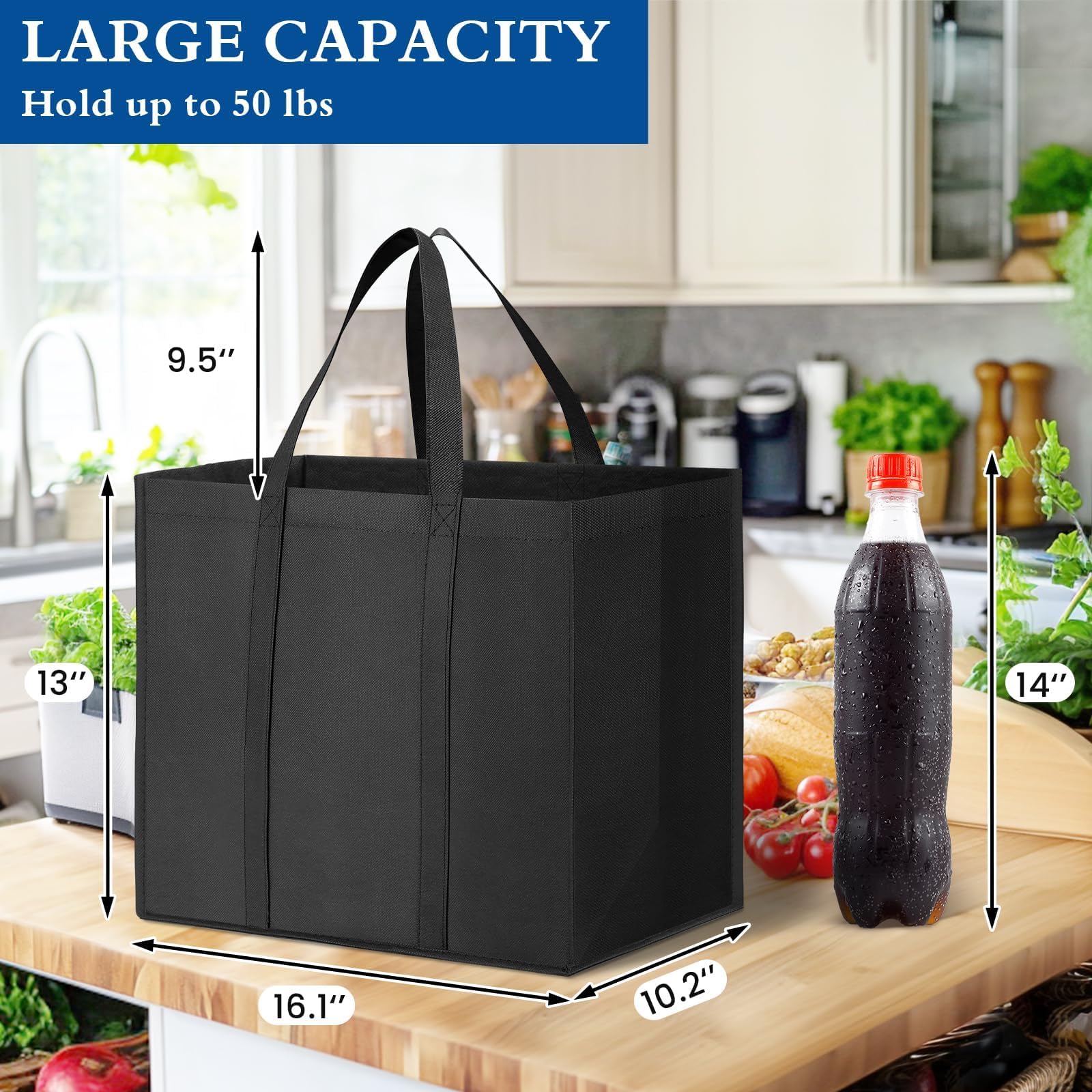 WISELIFE 10 Pack Large Reusable Grocery Shopping Bags - Foldable Eco-Friendly Tote Bags with Long Handles for Groceries, Clothes & Produce (Grey & Black) | Perfect for Grocery Shopping, Farmers Markets & Travel