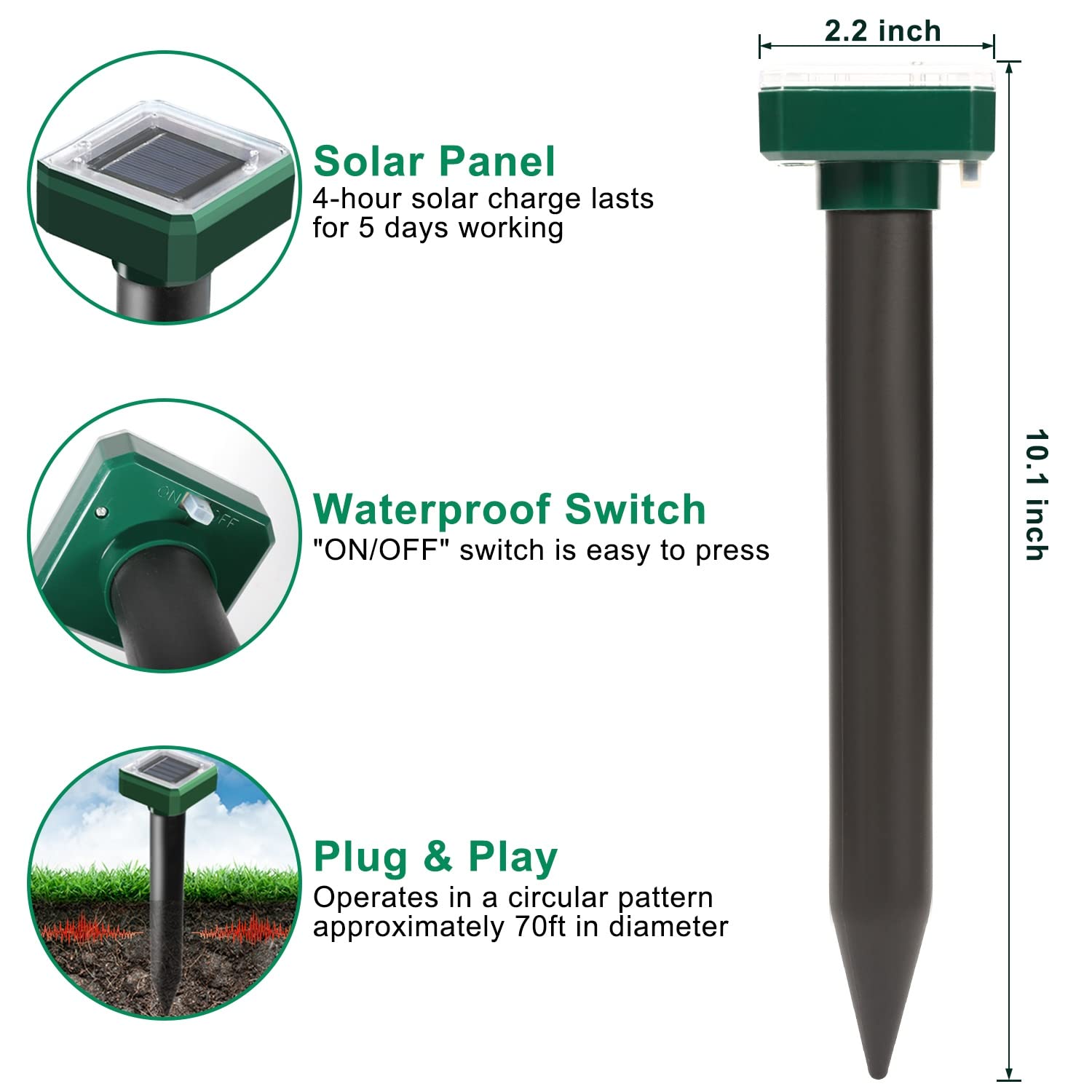 Solar Powered Ultrasonic Mole Repellent - 10 Pack Waterproof Sonic Pest Deterrent Spikes for Voles, Gophers & Snakes | Effective Garden & Yard Protection | Ideal for Lawns, Flower Beds & Vegetable Patches