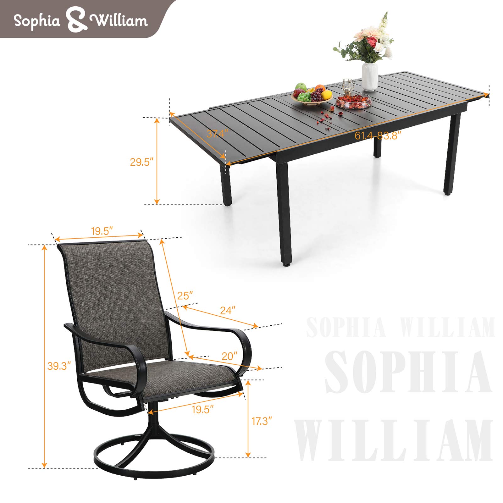 Sophia & William 7-Piece Outdoor Patio Dining Set - 6 Textilene Swivel Chairs & Expandable 6-8 Person Metal Table for Garden, Backyard, Poolside | Durable Weather-Resistant Outdoor Furniture for Entertaining
