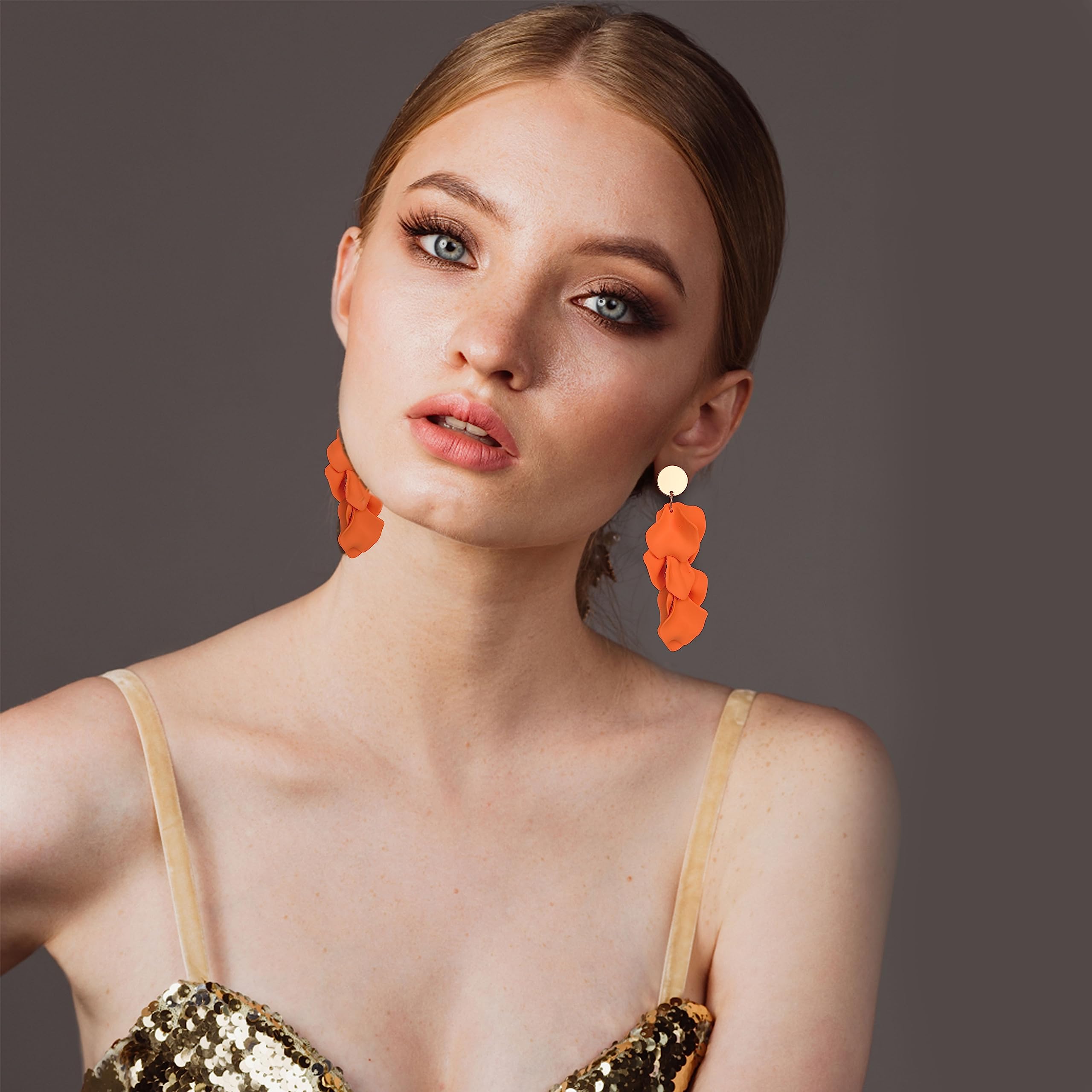 FIBO STEEL Rose Petal Clip-On Dangle Earrings for Women - Acrylic Floral Statement Earrings in Red, White, Black, Hot Pink & Orange - Boho Resin Flower Earrings for Parties, Weddings & Everyday Wear