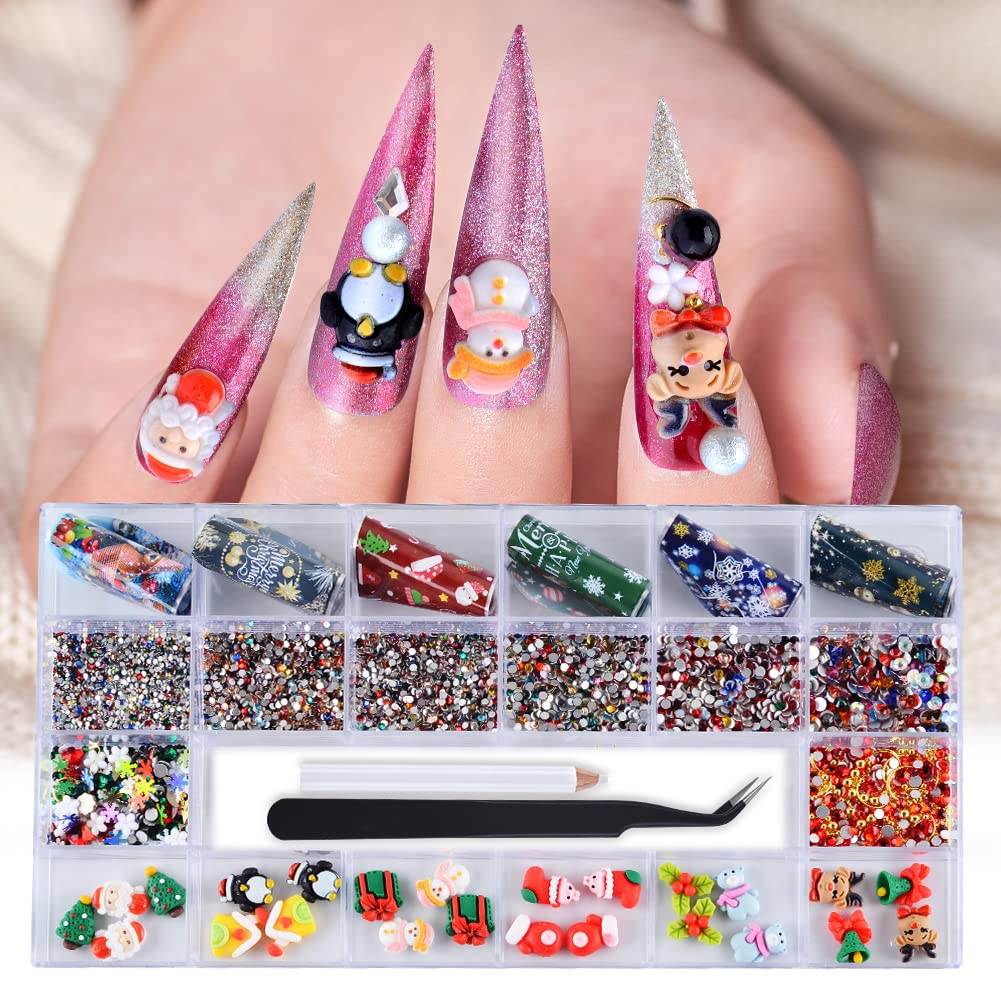 Christmas Nail Art Rhinestones Kit - 3D Reindeer, Bells, Trees Resin Charms with Foil Sequins for DIY Nail Decoration | Includes Wax Pen & Tweezers | Perfect for Holiday Parties, Gift Giving & Festive Nail Designs