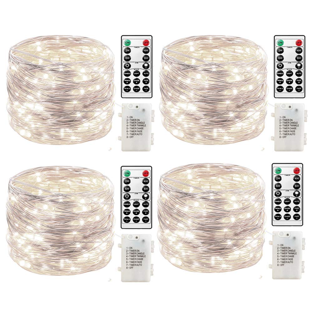 4 Pack 20ft 60 LED Fairy Lights Battery Operated - Remote Control & Timer, 8 Lighting Modes, Waterproof Copper Wire Starry String Lights for Bedroom, Wedding, Party, Festival Decor - Perfect for Indoor/Outdoor Christmas Tree, Garden, Patio, and Home Decoration