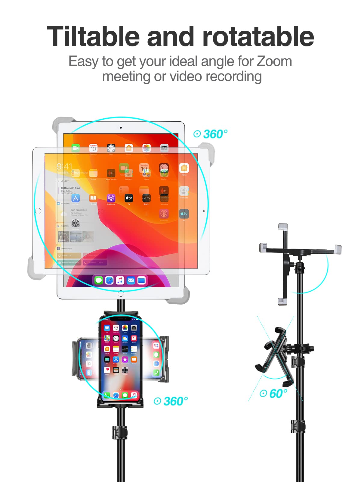 Elitehood 65-inch Adjustable iPad Tripod Stand with 360° Rotation - Compatible with iPad Pro 13/12.9/11, iPad Air & All 4-14.5 Inch Tablets - Perfect for Music, Video Calls, Live Streaming & Content Creation