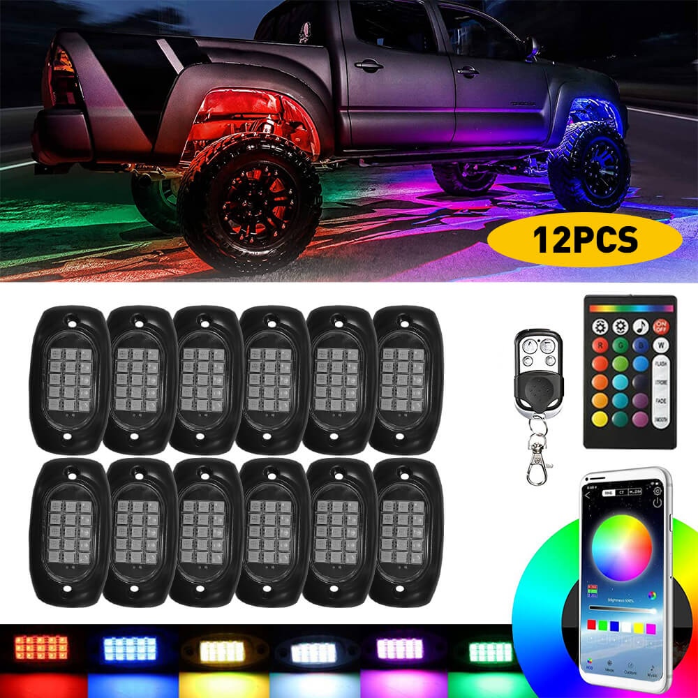 RGB LED Pod Rock Lights Kit - Wireless APP Control, Music Sync & Chasing Effects Underbody Neon Lights for 12V SUV, Jeep, Truck (15 LEDs Per Light) - Perfect for Off-Roading, Car Shows & Night Driving