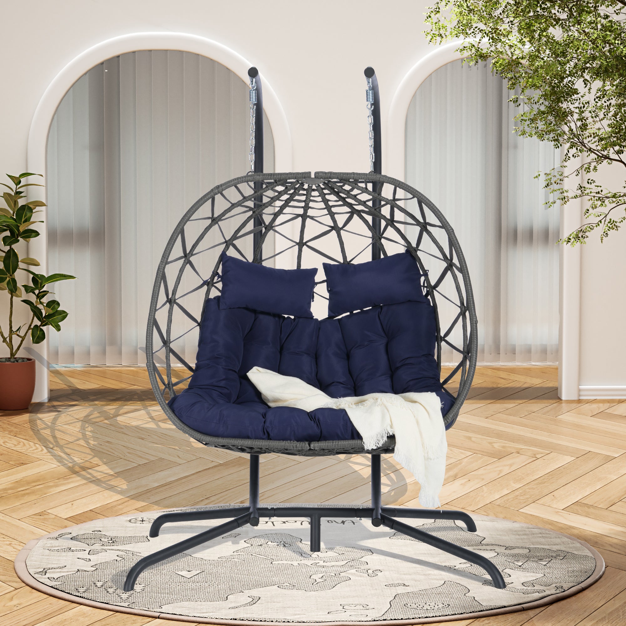 Double Egg Chair with Stand - Hanging Indoor/Outdoor Wicker Rattan Swing Chair with UV-Resistant Cushions (600lb Capacity) - Perfect for Bedroom, Balcony, Patio & Garden Relaxation