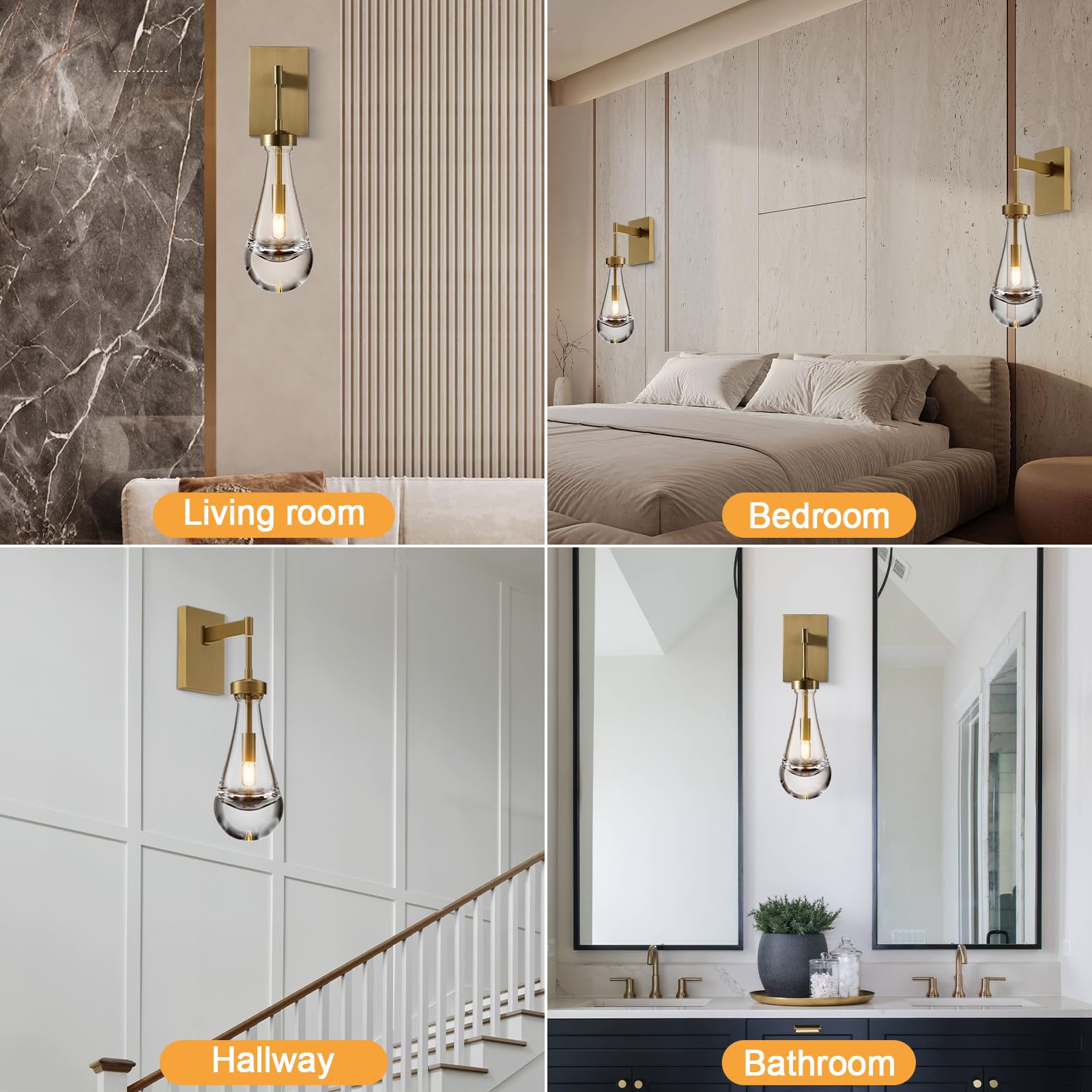 Modern Brass Raindrop Wall Sconces Set of 2 - Hand Blown Solid Glass Vanity Lights for Bathroom, Bedroom & Living Room - Elegant Indoor Lighting Fixtures for Home Decor and Relaxing Ambiance