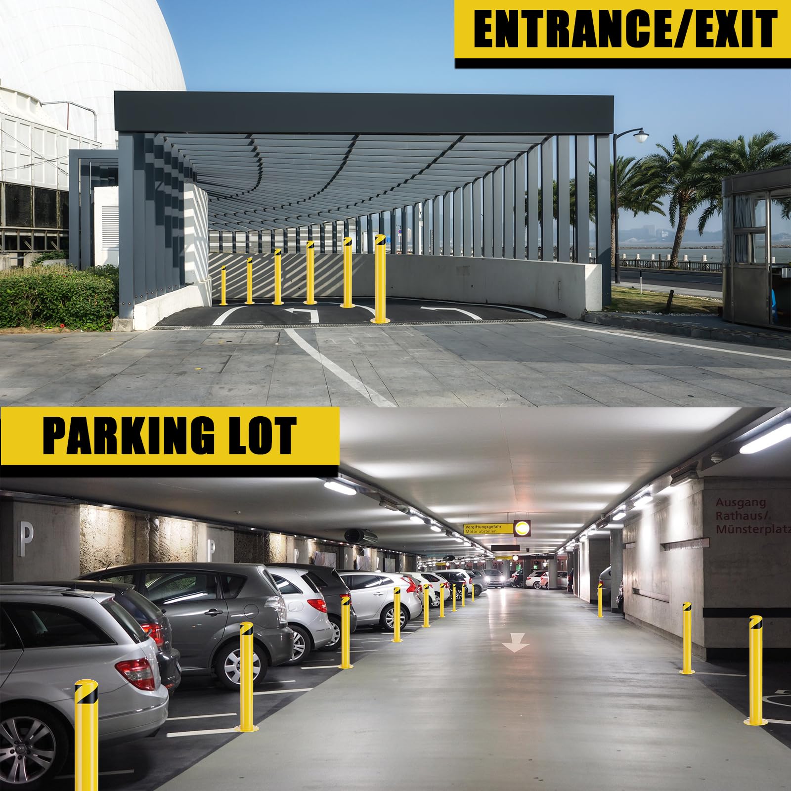 48-Inch Steel Safety Bollards (2-Pack) - Yellow Powder Coated Parking Barrier Posts for High Traffic Areas | Durable Outdoor Protection for Warehouses, Parking Lots & Driveways