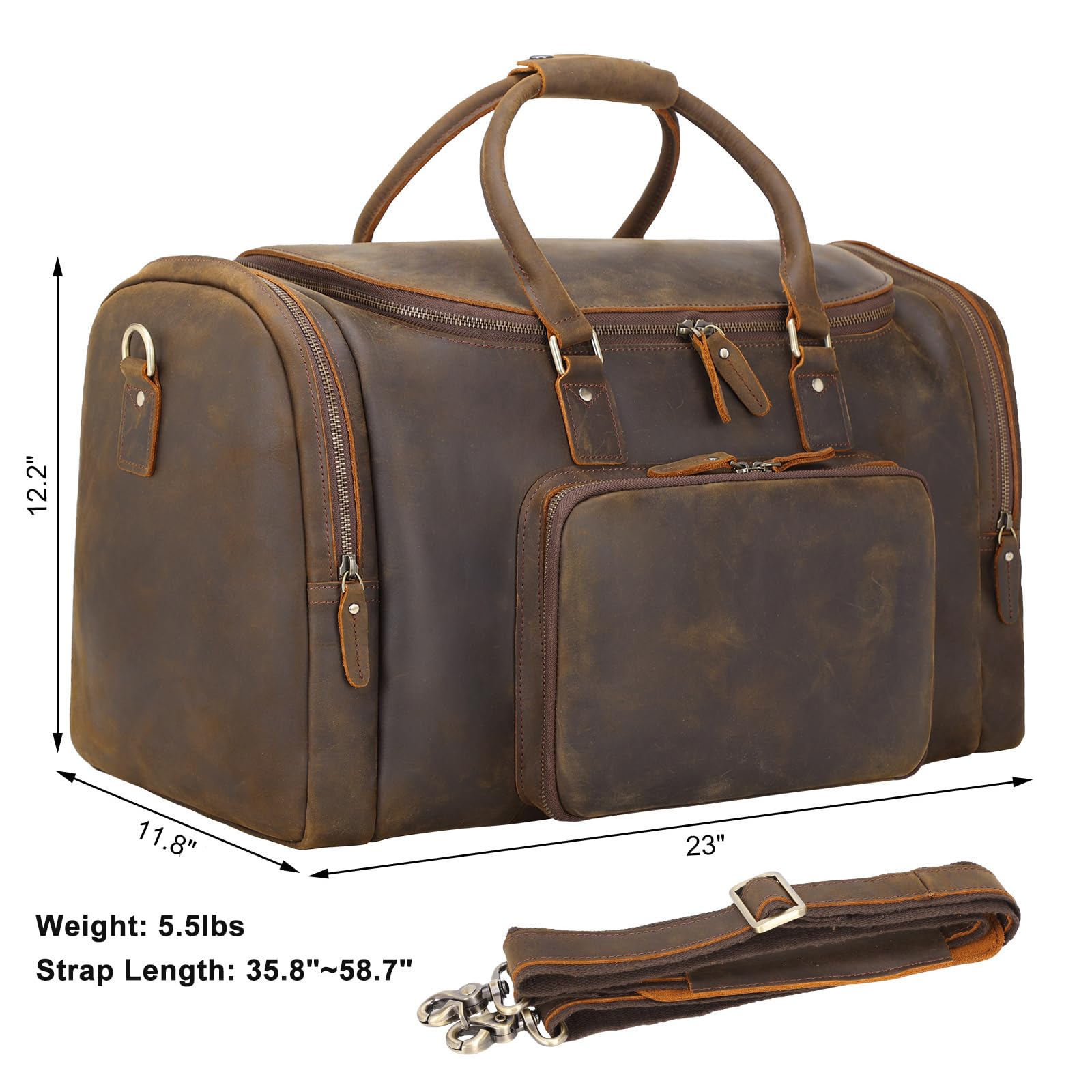 Premium 23 Inch Full Grain Leather Travel Duffel Bag for Men - Vintage Style Weekender Overnight Bag (52L Capacity) - Perfect for Business Trips, Gym, Weekend Getaways & Air Travel