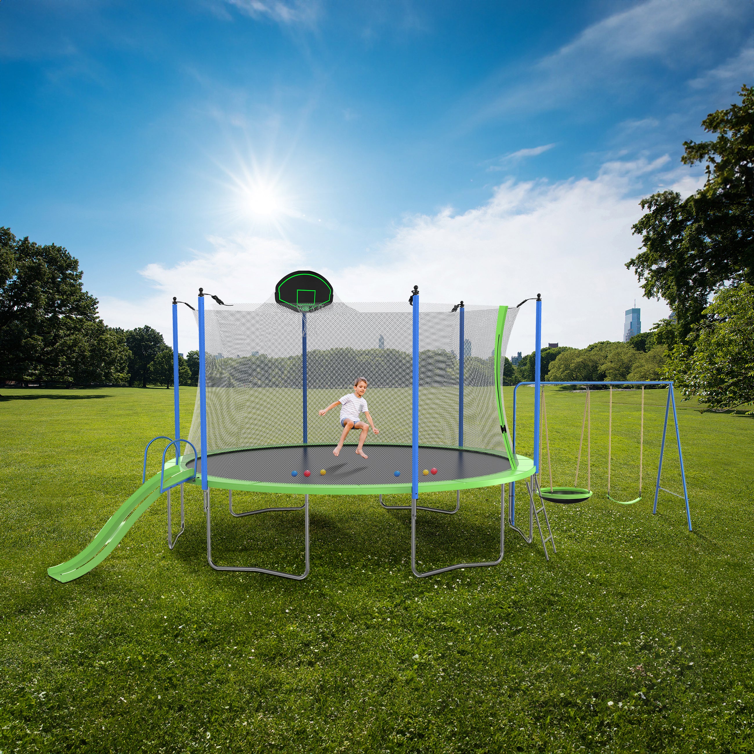 12FT Trampoline with Slide, Swings & Basketball Hoop - ASTM Approved Large Outdoor Trampoline with Safety Net & Ladder - Heavy Duty Backyard Trampoline for Kids & Adults - Perfect for Family Fun, Exercise & Outdoor Play