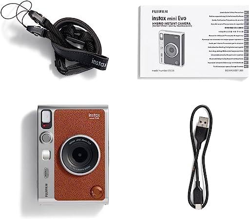 Fujifilm Mini EVO Hybrid Instant Film Camera (Brown) with 40 Sheets Film, 32GB microSD Card, Case & Accessories – Perfect for Travel, Parties & Creative Photography