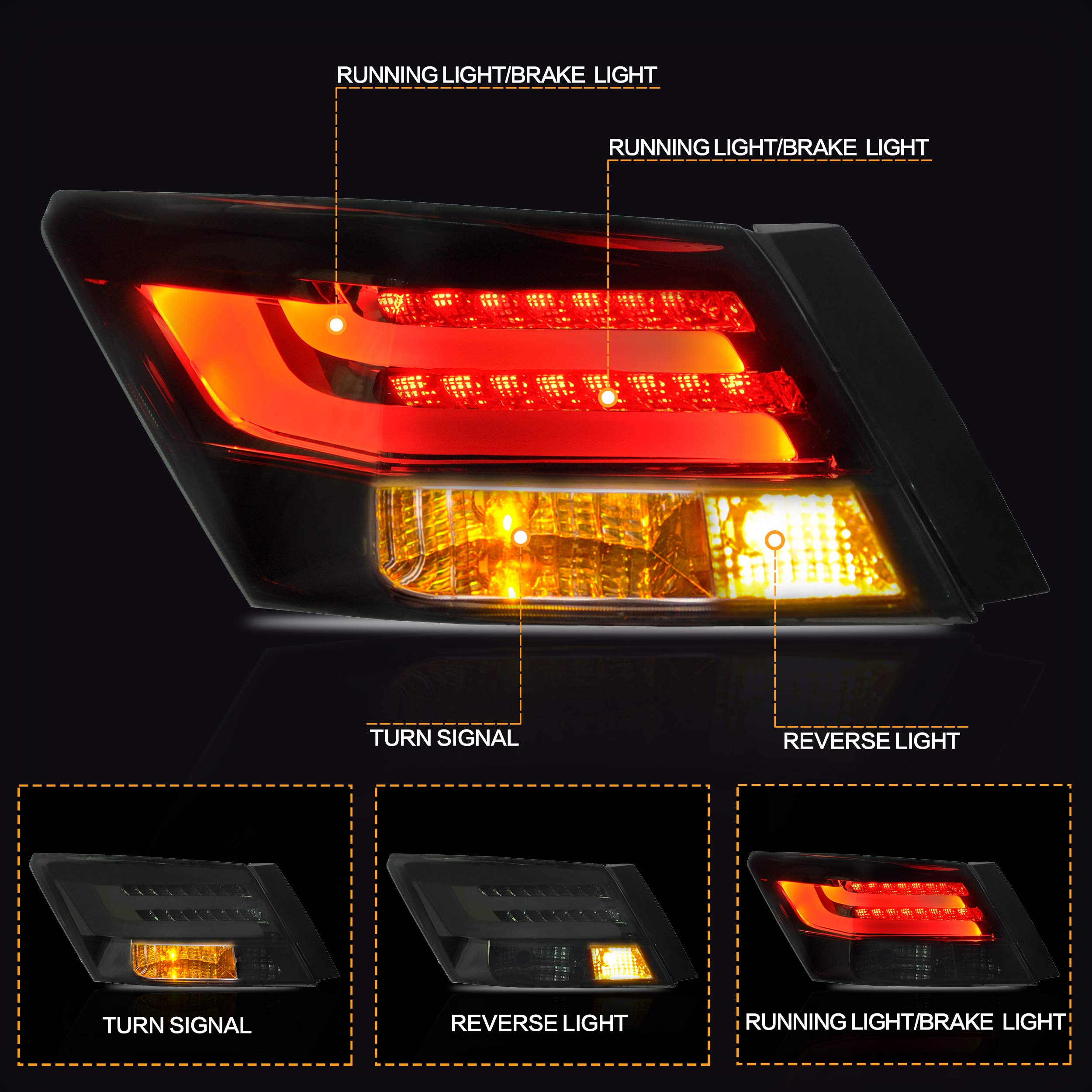 VLAND Smoked LED Tail Lights Assembly for Honda Accord Inspire 8th Gen Sedan 2008-2013 (2PCS) - Not for Coupe | Enhanced Style & Night Visibility for Daily Driving & Custom Car Shows