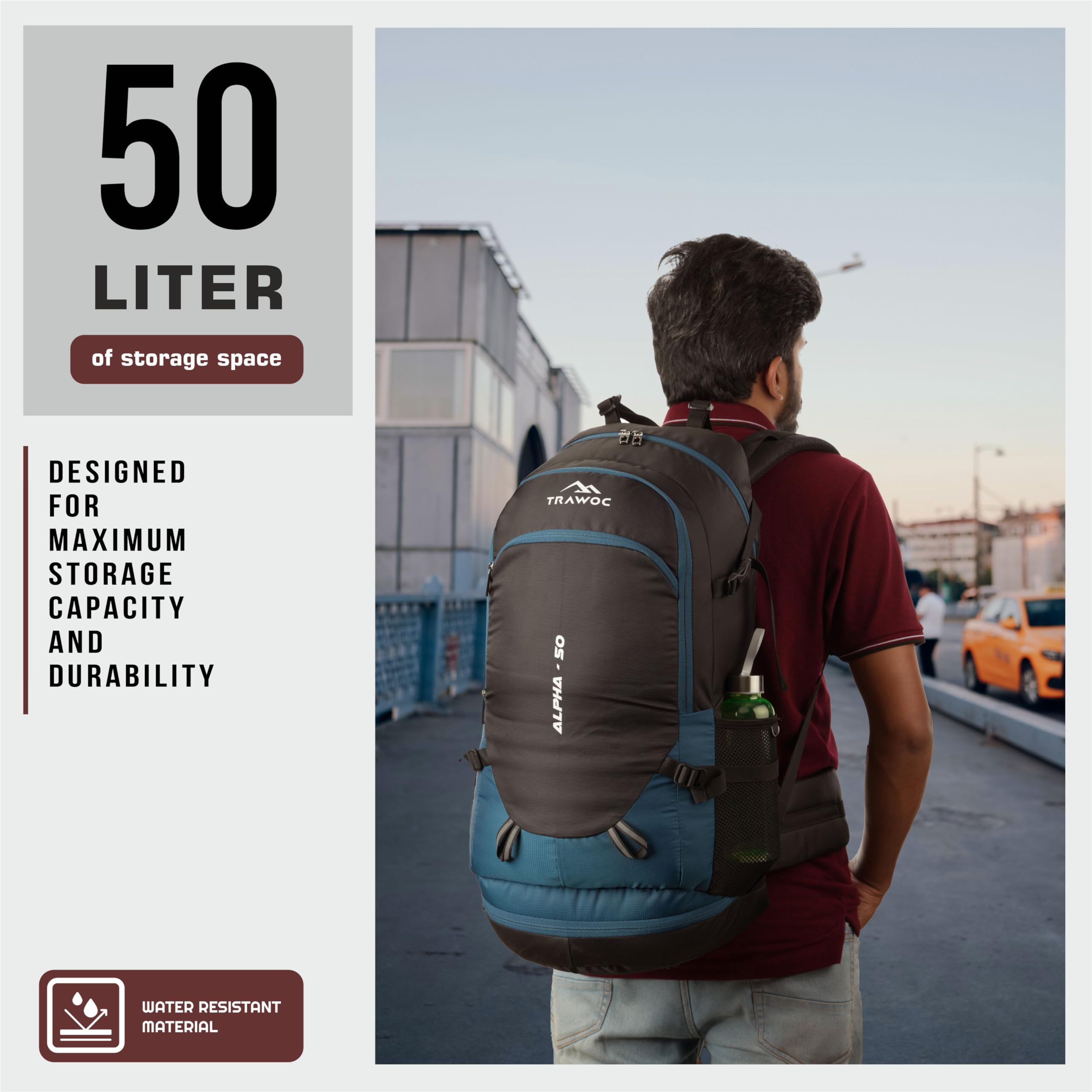 ALPHA 50L Waterproof Travel Backpack - Lightweight Hiking Backpack for Men & Women - Durable Trekking, Camping, Cycling Daypack - Sky Blue - Perfect for Outdoor Adventures, Weekend Getaways & Daily Commute