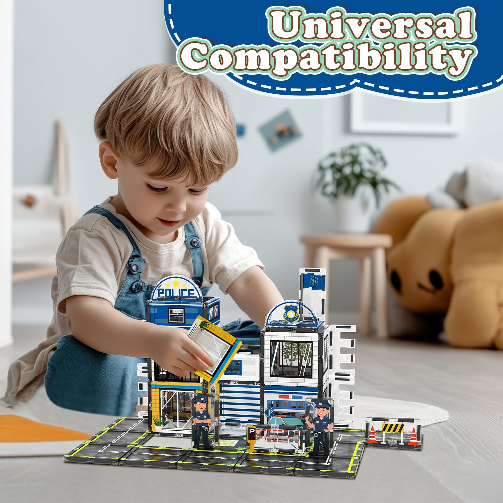 50PCS Magnetic Tiles - Police Station Theme STEM Building Blocks Set | Educational Magnet Toys for Kids Ages 3-10 | Perfect for Preschool Learning, Creative Play & Family Bonding Activities