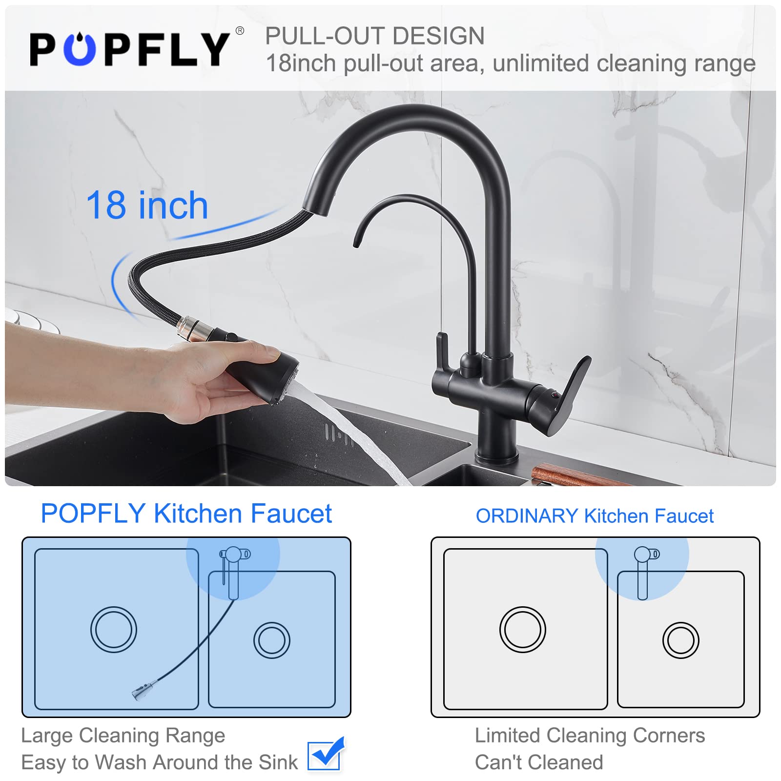 POPFLY 3-in-1 Kitchen Sink Faucet with Water Filter & Pull Down Sprayer - Matte Black Brass Drinking Water Faucet for Clean Filtered Water - Perfect for Modern Kitchens, Home Renovations & Healthy Cooking