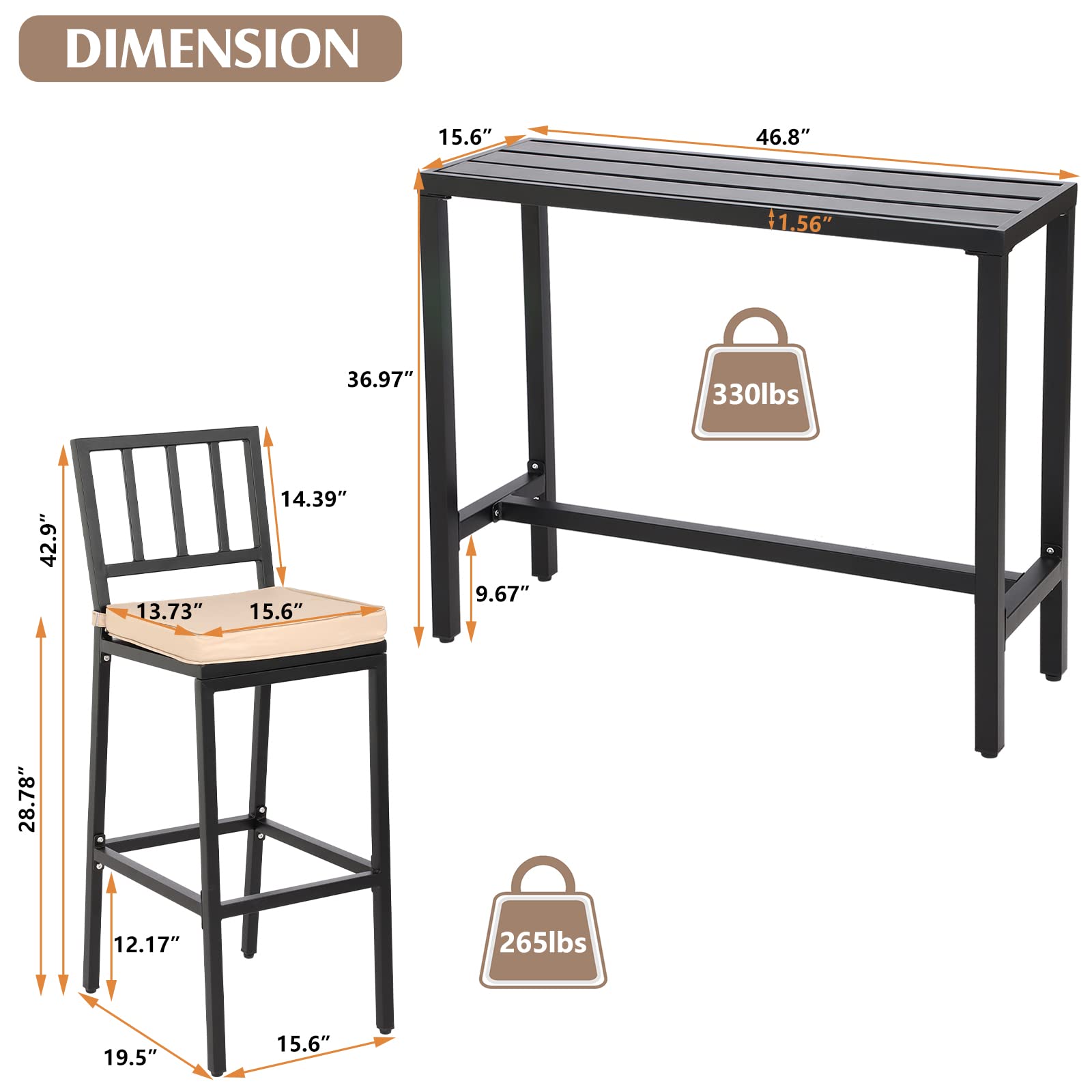 3-Piece Metal Outdoor Bar Set with Table & Stools - Black Patio Bar Furniture for Backyard, Porch, Balcony - Includes 47