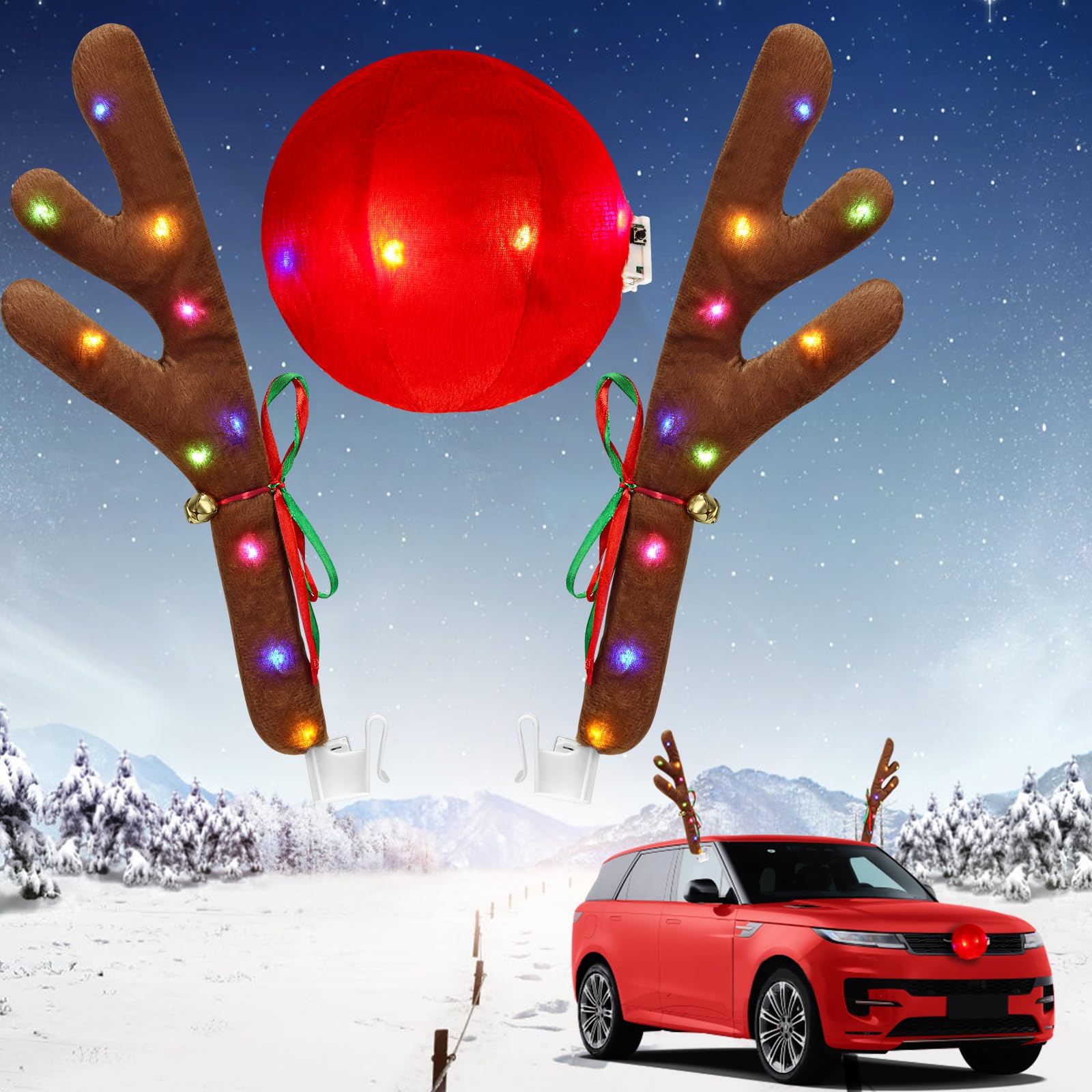 Festive Reindeer Car Antlers & Nose Kit with Christmas Lights - Holiday Car Decor for Jeeps, Trucks & Golf Carts - Perfect Christmas Gift for Family & Friends - Great for Road Trips, Parades & Neighborhood Decorations